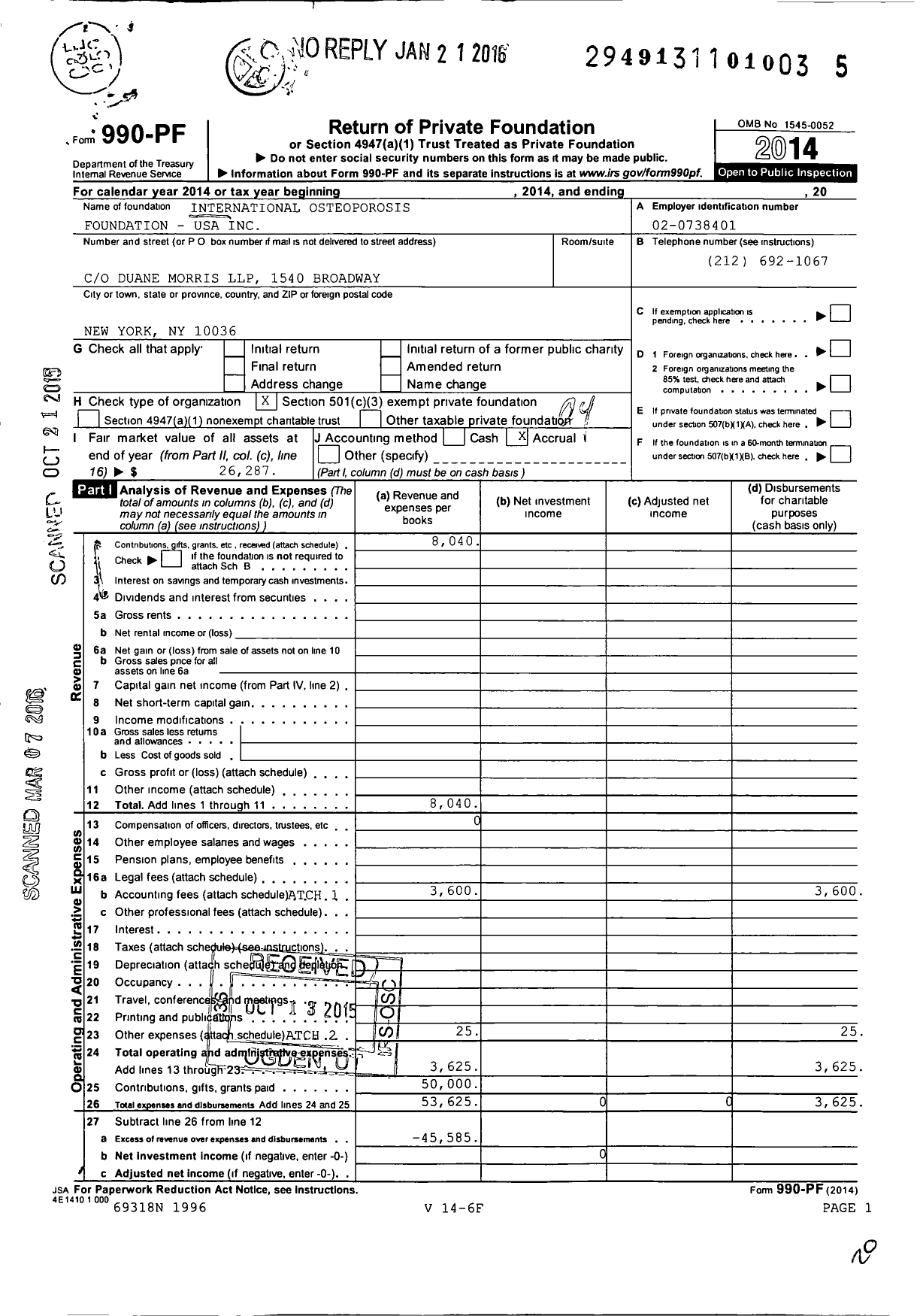 Image of first page of 2014 Form 990PF for International Osteoporosis Foundation USA