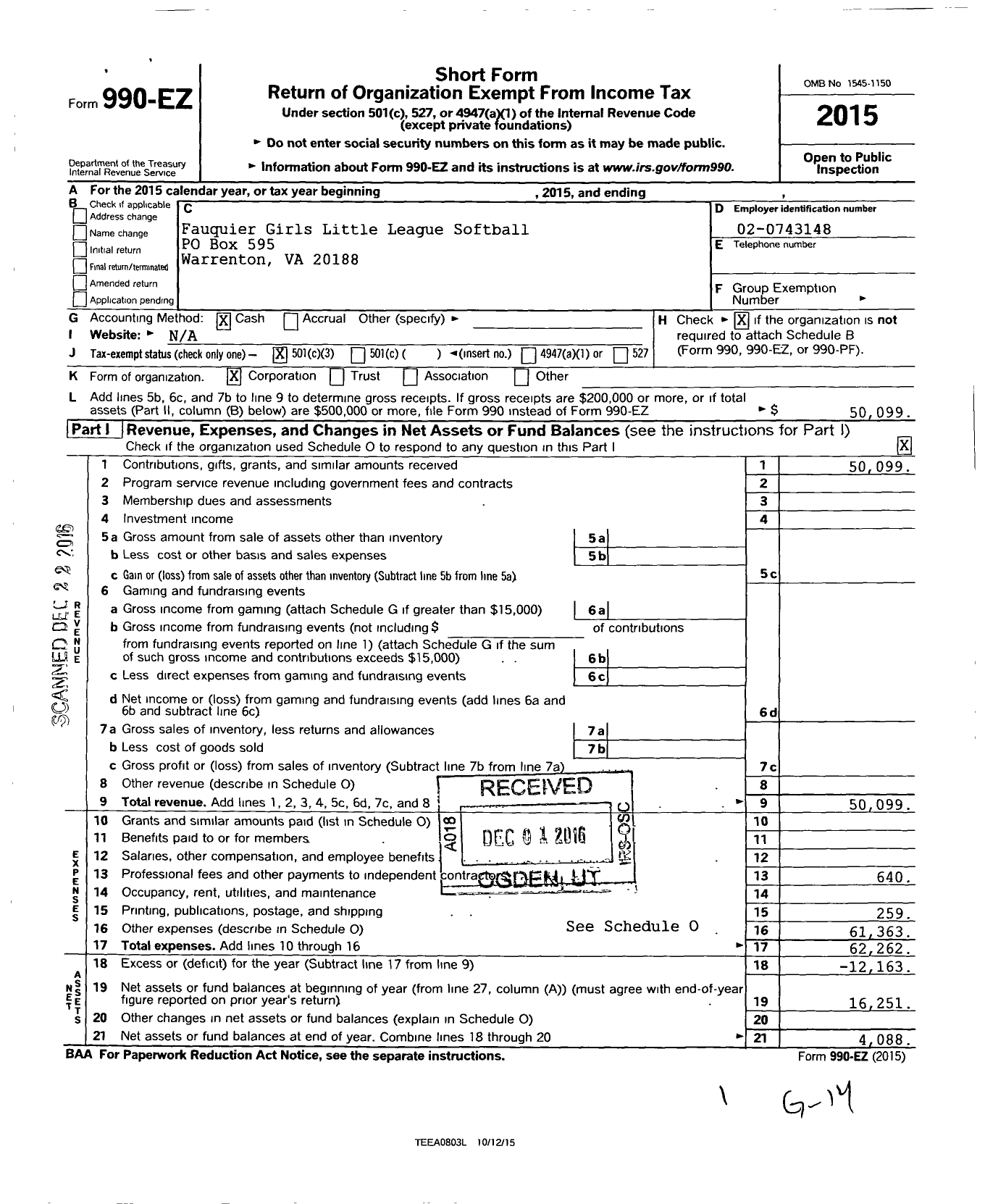 Image of first page of 2015 Form 990EZ for Fauquier Girls Softball Association