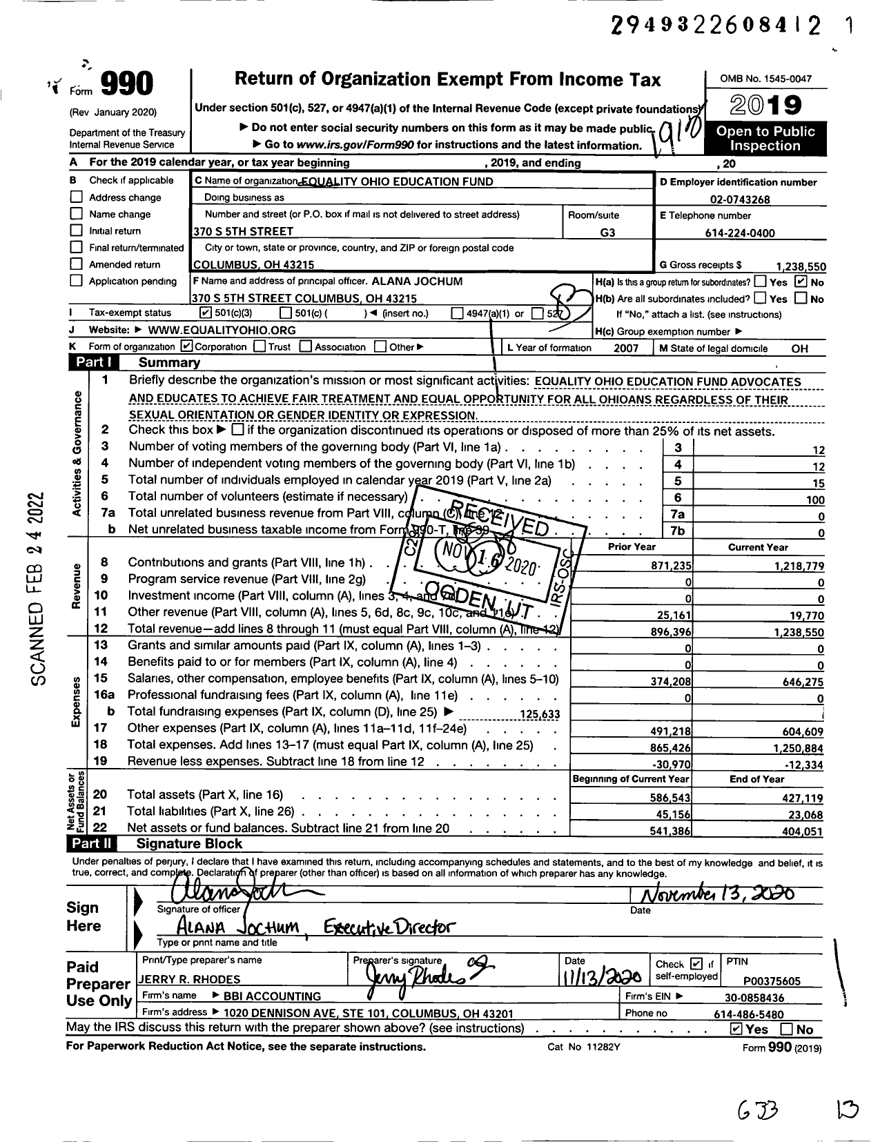 Image of first page of 2019 Form 990 for Equality Ohio Education Fund