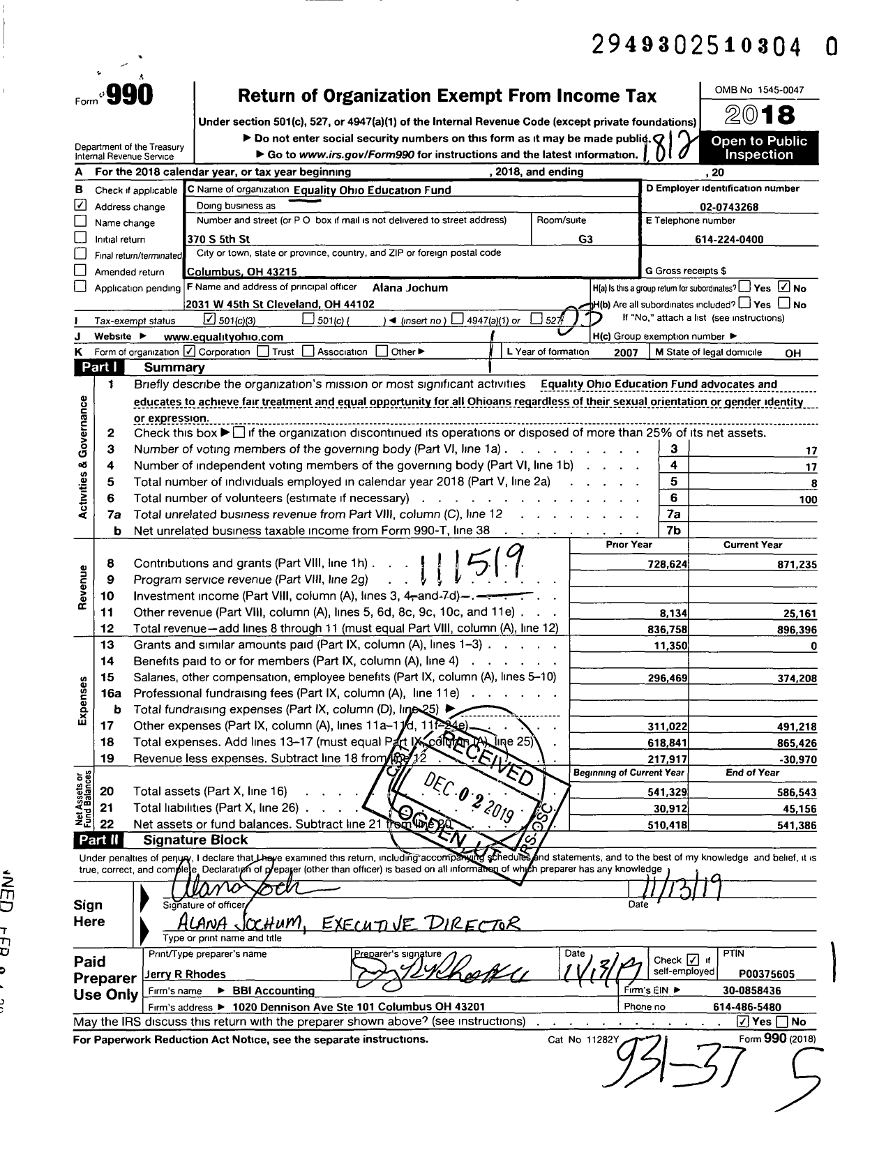 Image of first page of 2018 Form 990 for Equality Ohio Education Fund