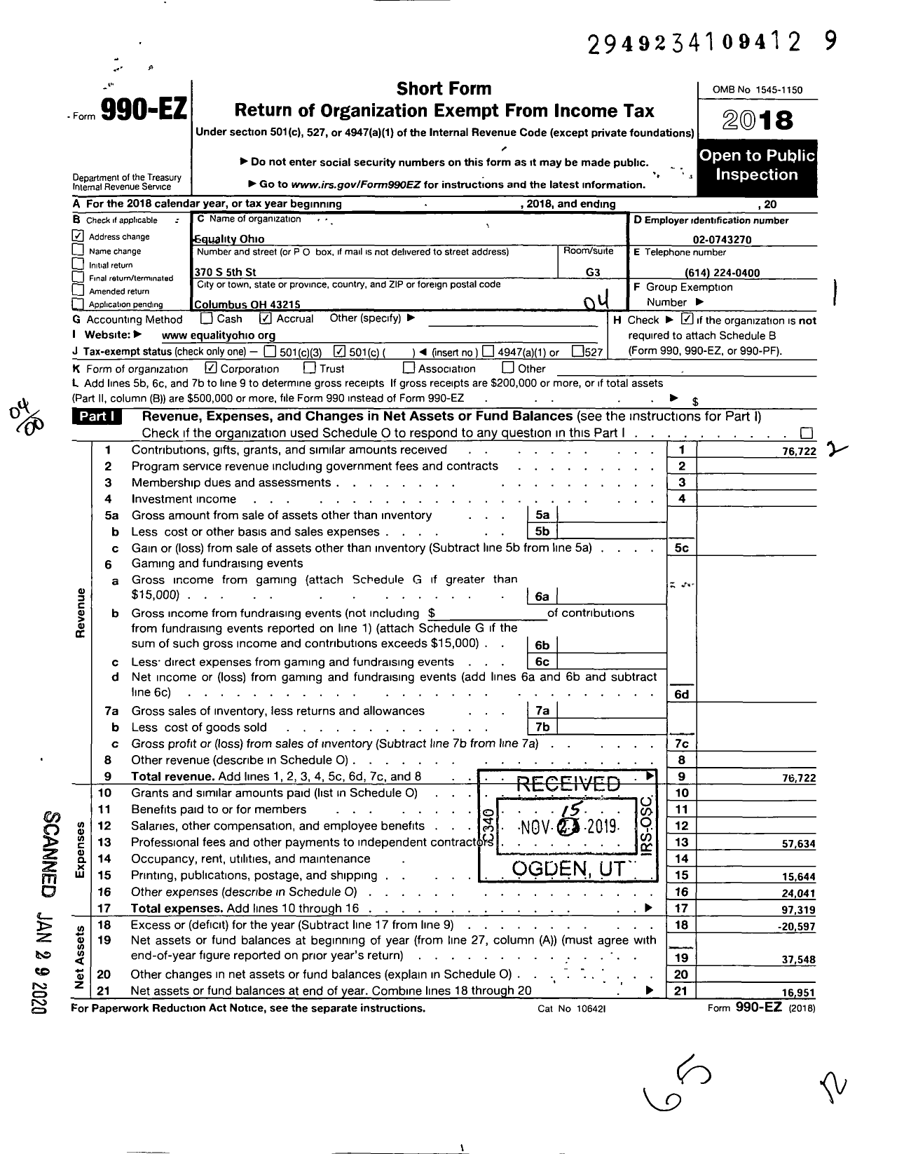 Image of first page of 2018 Form 990EO for Equality Ohio