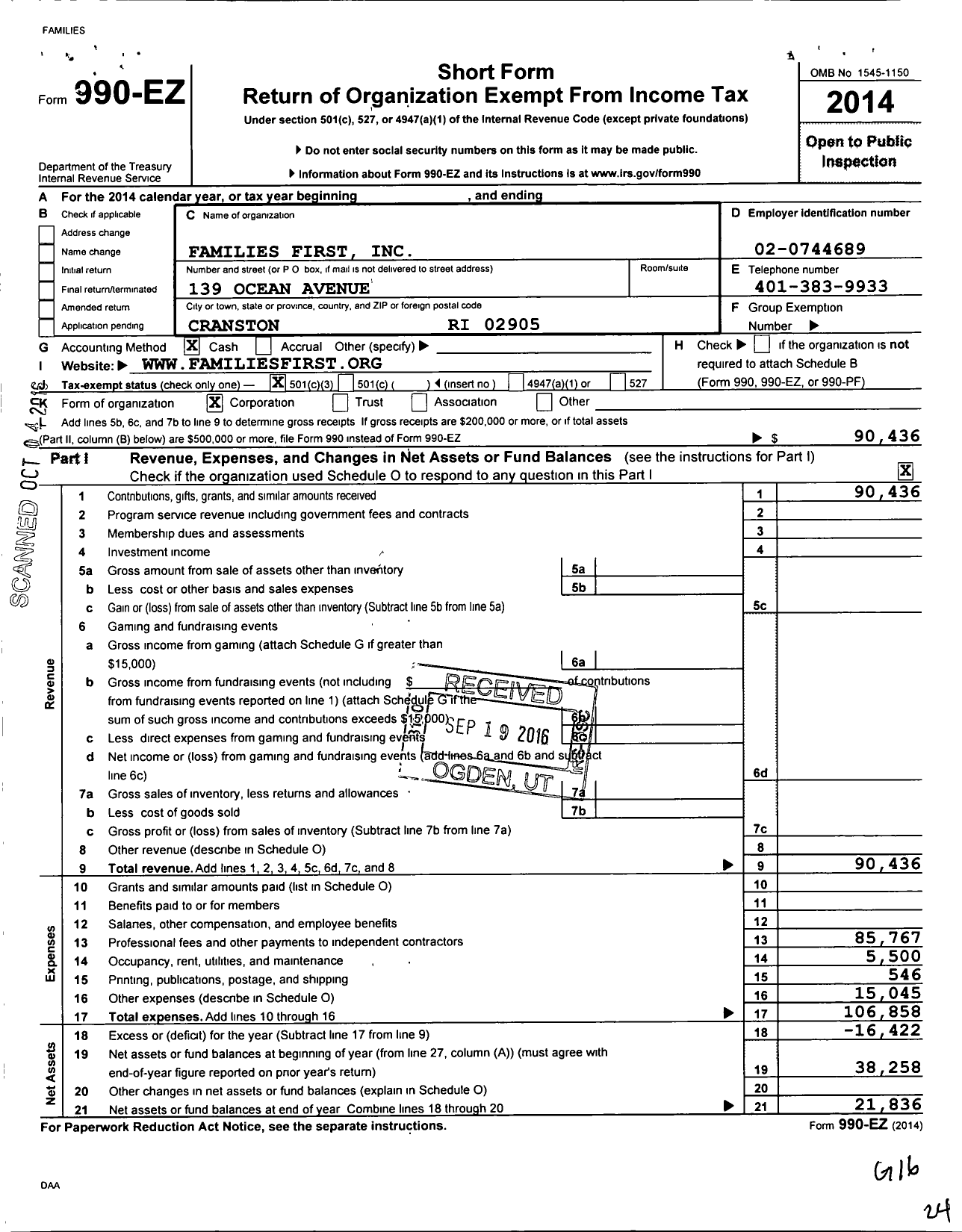 Image of first page of 2014 Form 990EZ for Families First