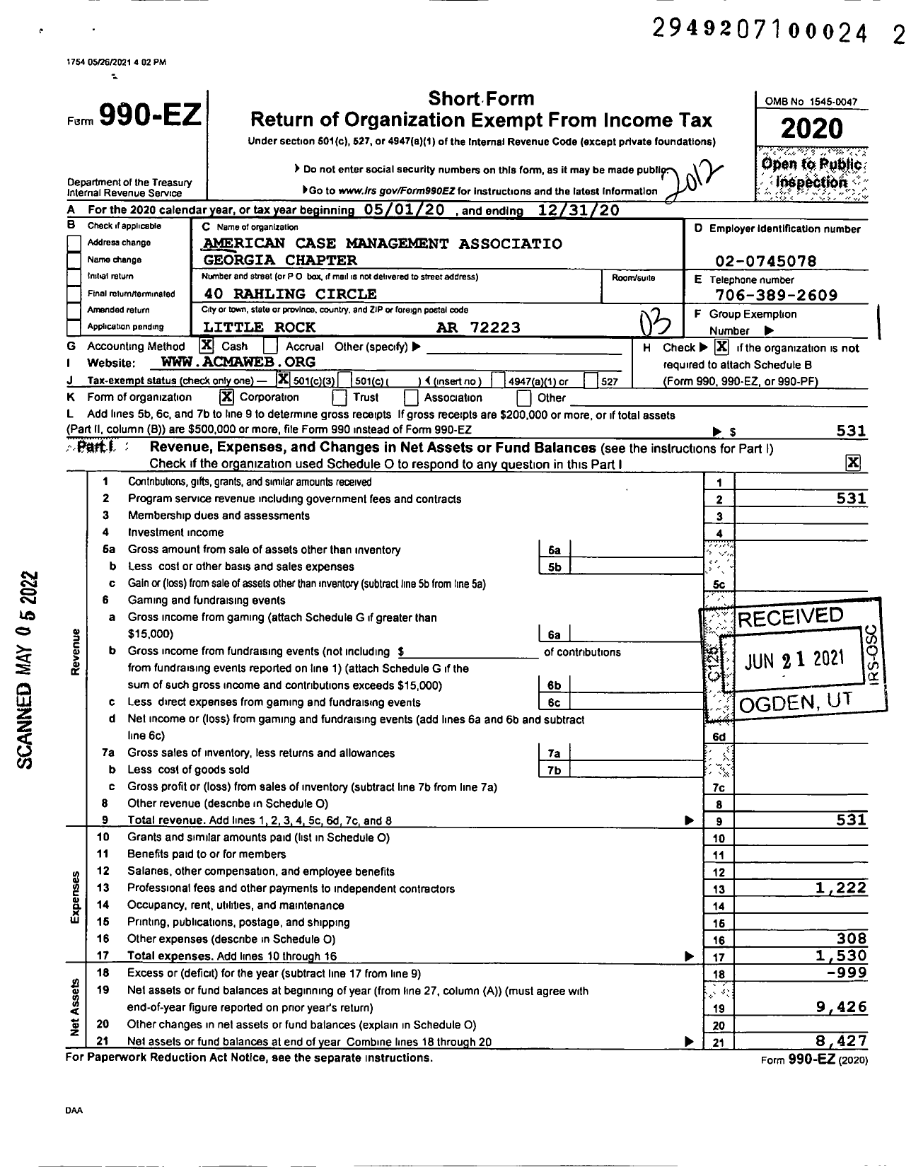 Image of first page of 2020 Form 990EZ for American Case Management Association Georgia Chapter