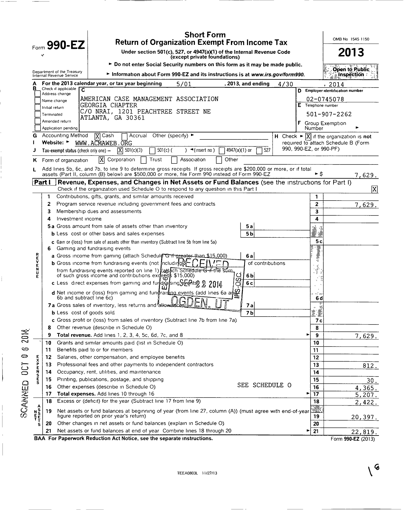 Image of first page of 2013 Form 990EZ for American Case Management Association Georgia Chapter