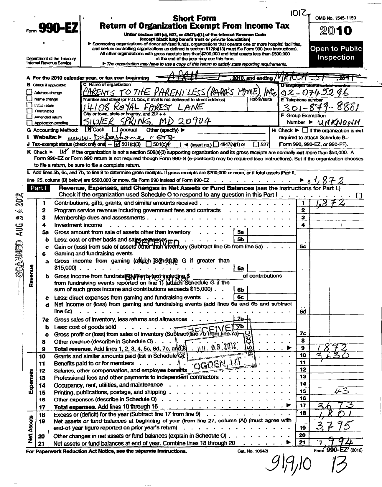 Image of first page of 2010 Form 990EZ for Parents To the Parentless Papas Home