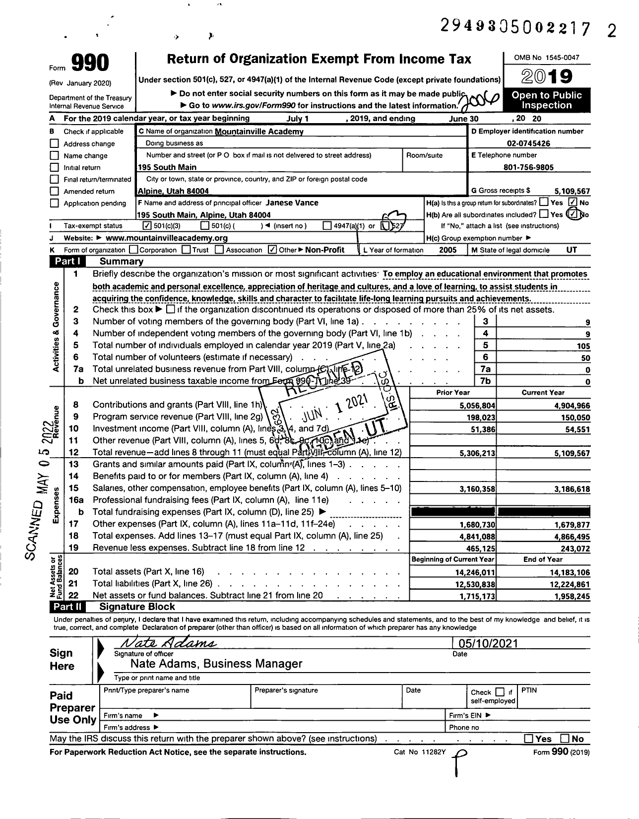 Image of first page of 2019 Form 990 for Mountainville Academy