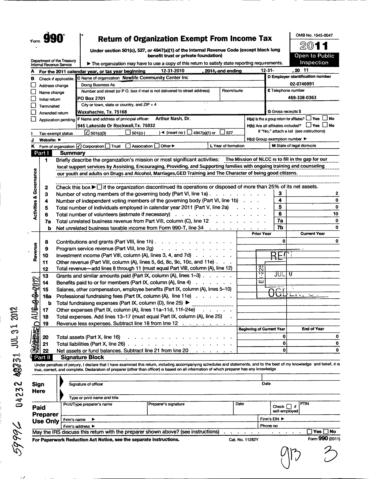 Image of first page of 2011 Form 990 for Newlife Community Center