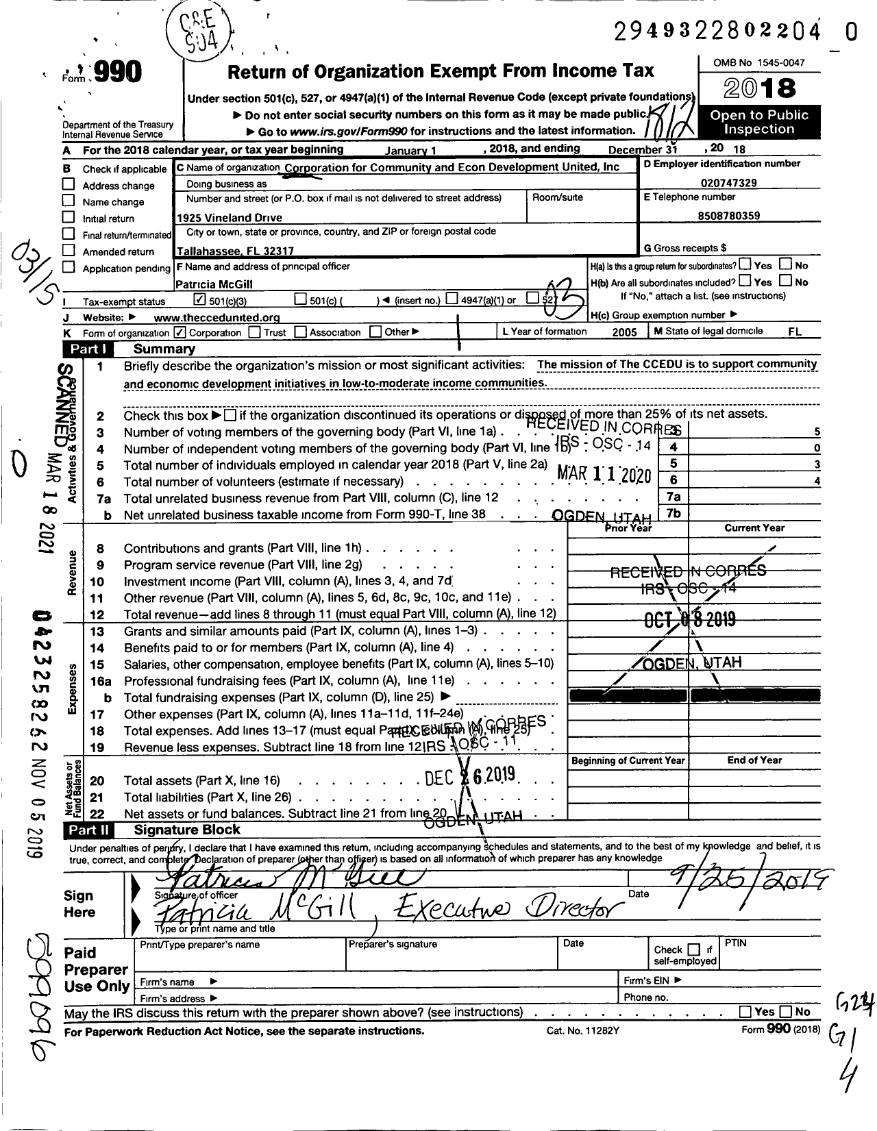 Image of first page of 2018 Form 990 for The Corporation for Community and Economic Development United