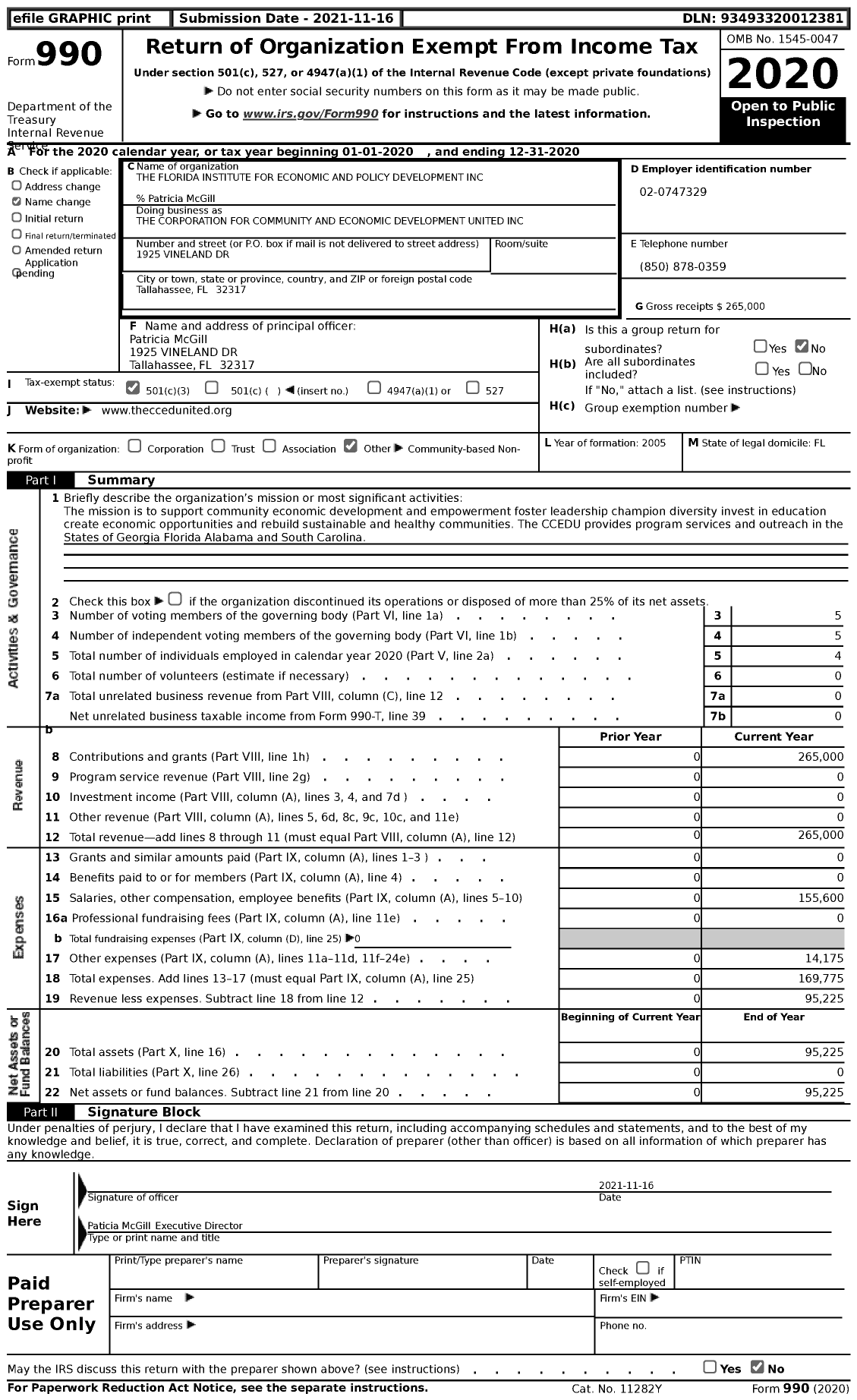 Image of first page of 2020 Form 990 for The Corporation for Community and Economic Development United