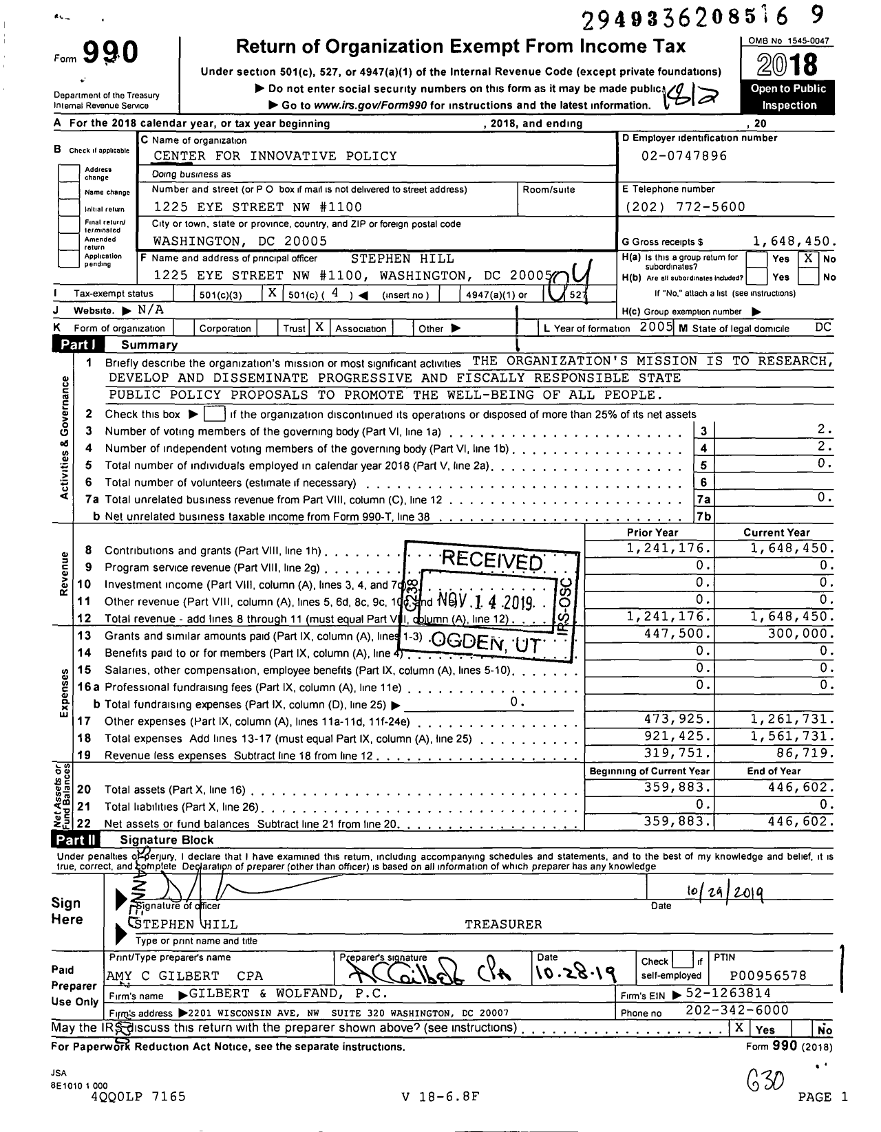 Image of first page of 2018 Form 990O for Center for Innovative Policy