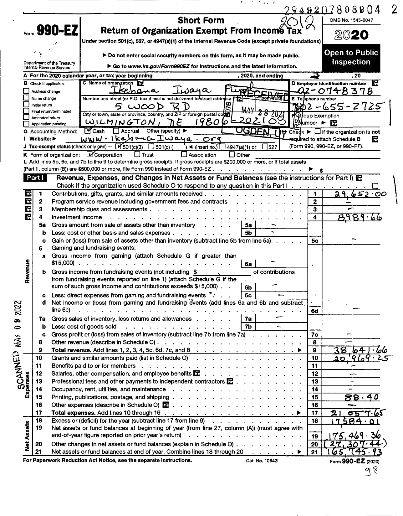 Image of first page of 2020 Form 990EZ for Ikebana Iwaya Fund