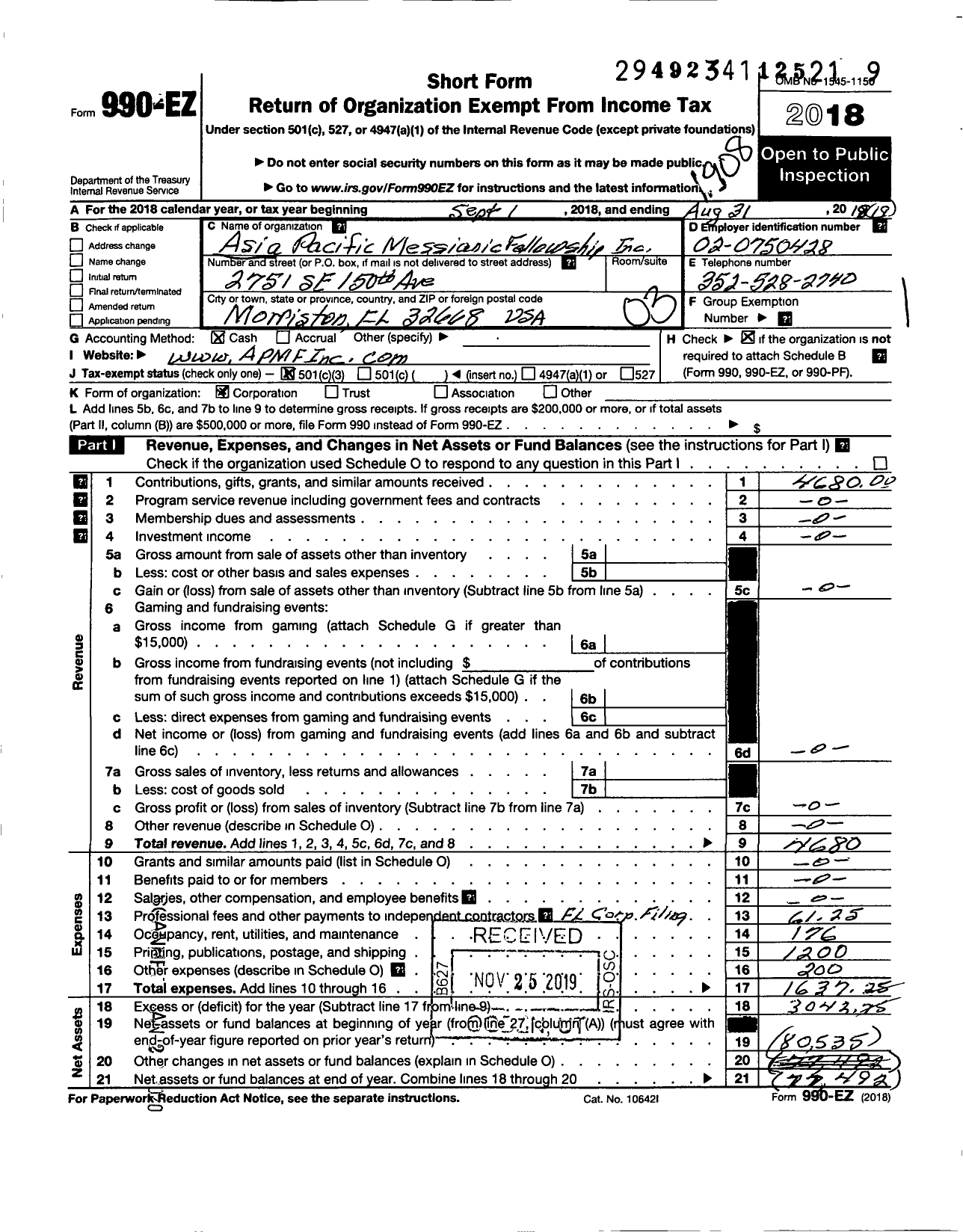 Image of first page of 2018 Form 990EZ for Asia Pacific Messianic Fellowship