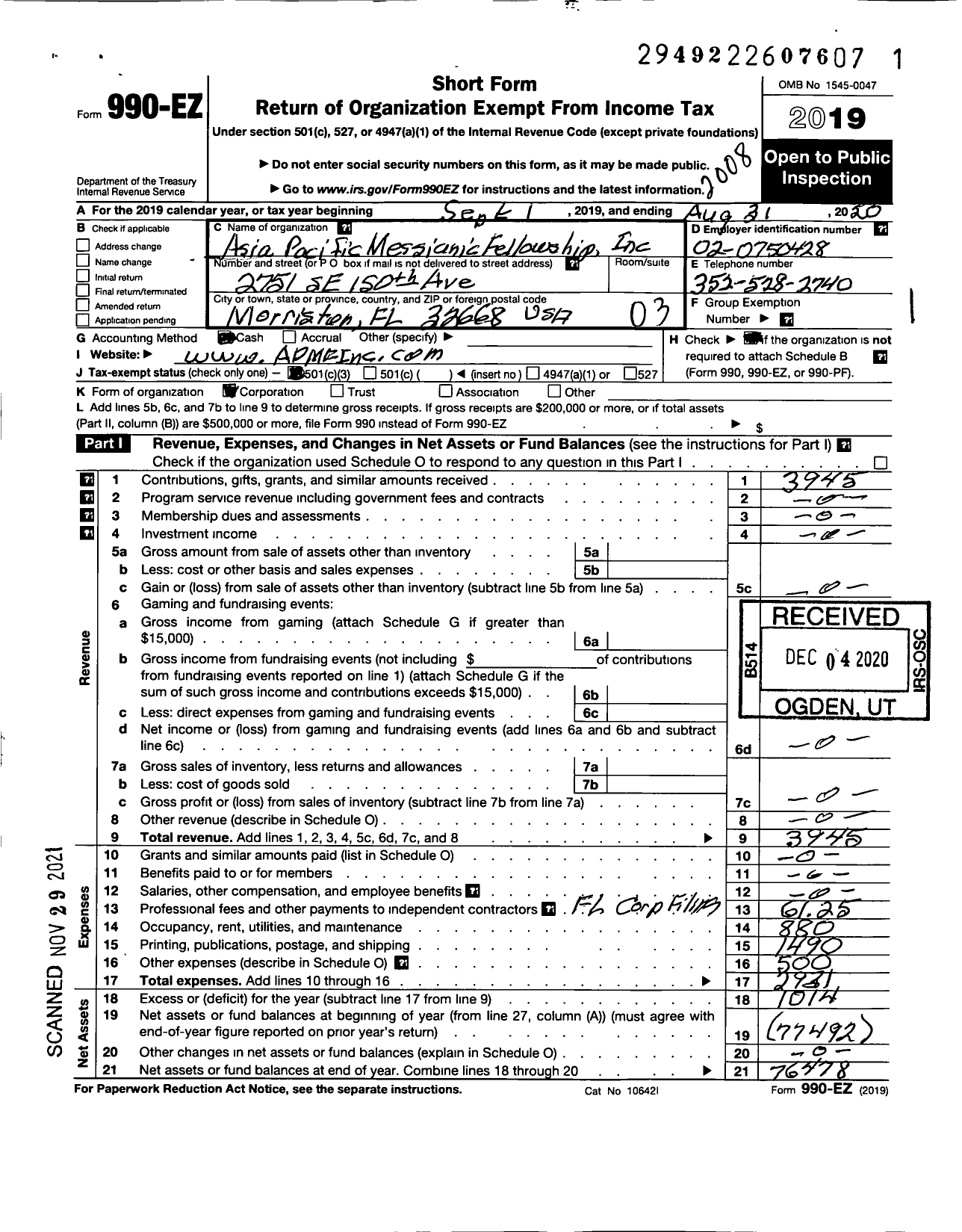 Image of first page of 2019 Form 990EZ for Asia Pacific Messianic Fellowship