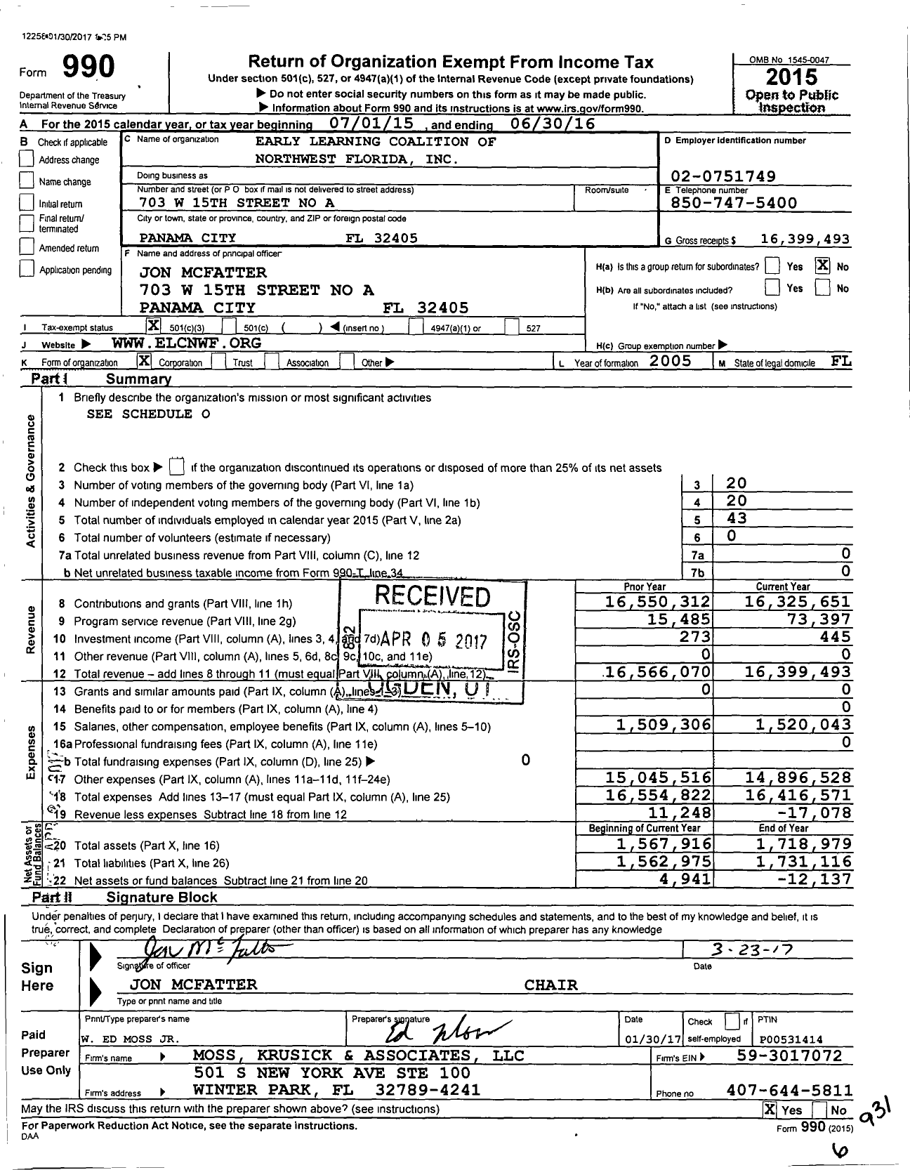 Image of first page of 2015 Form 990 for Early Learning Coalition of Northwest Florida