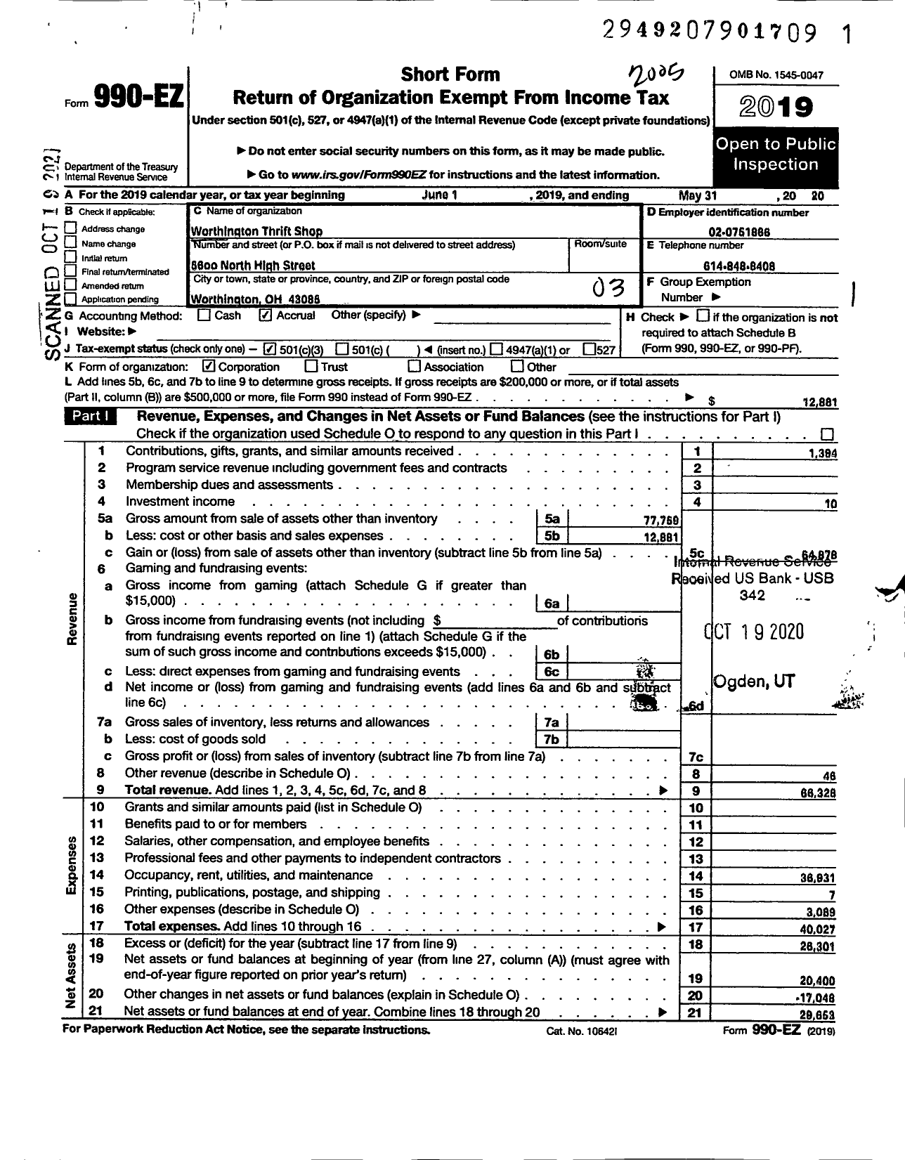 Image of first page of 2019 Form 990EZ for Worthington Thrift Shop