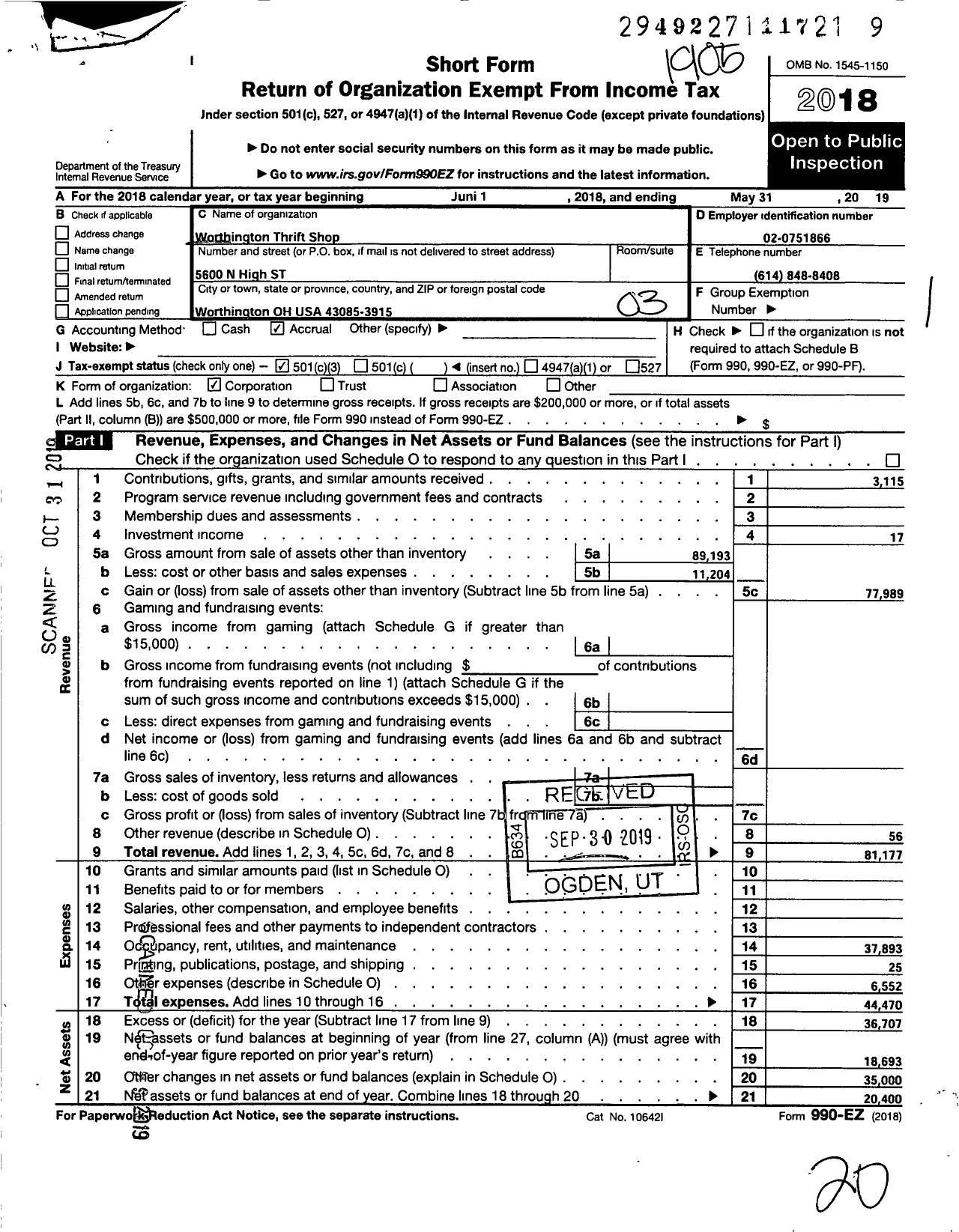 Image of first page of 2018 Form 990EZ for Worthington Thrift Shop