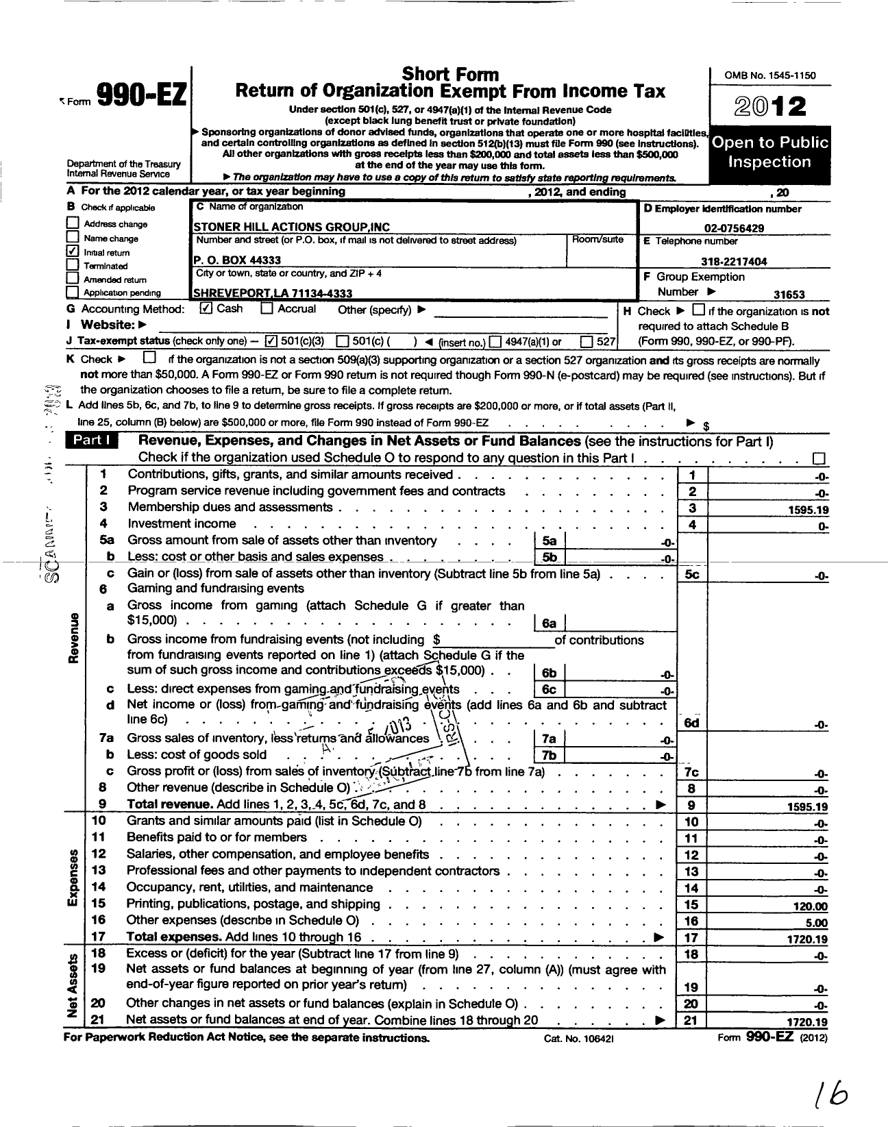 Image of first page of 2012 Form 990EZ for Stoner Hill Actions Group