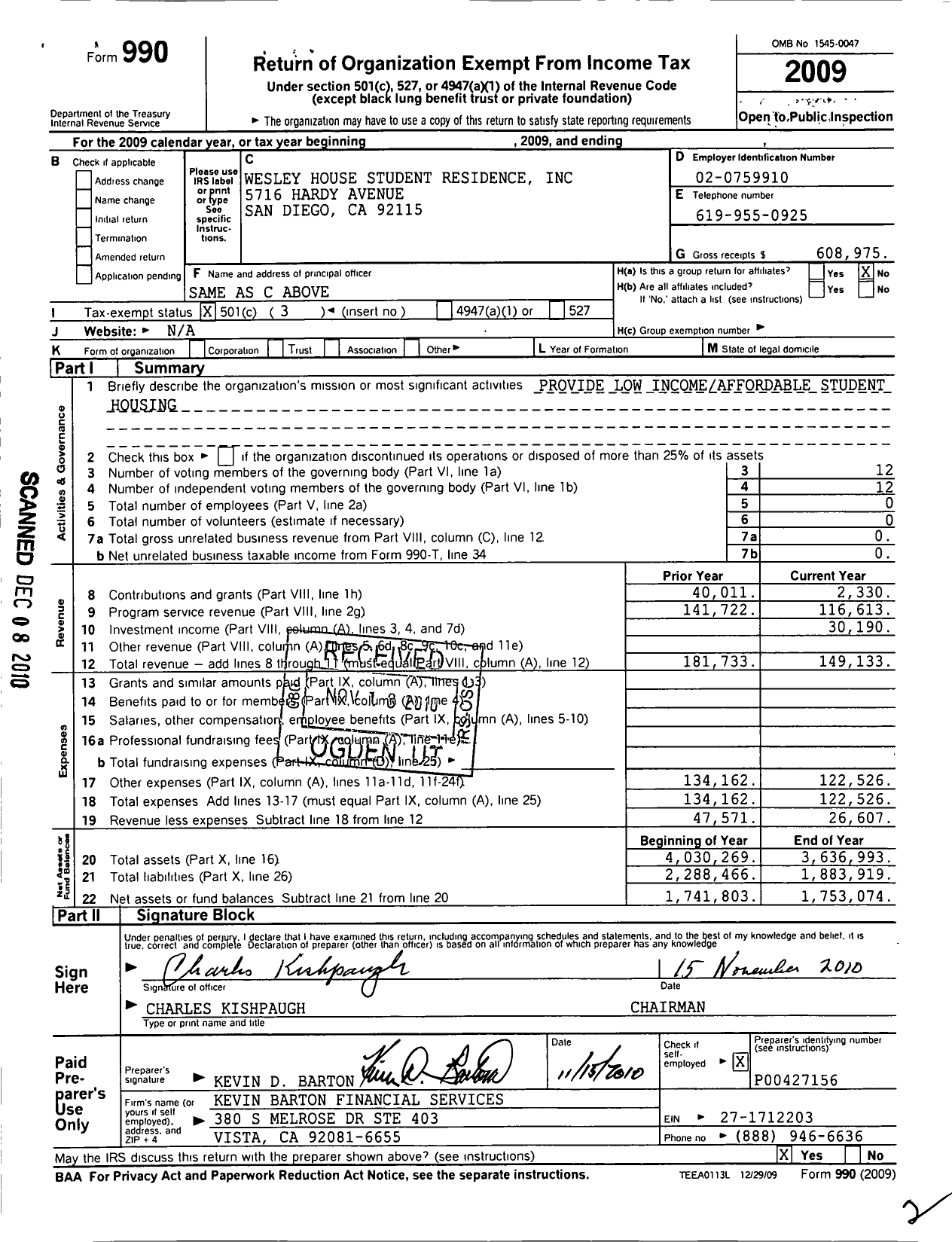 Image of first page of 2009 Form 990 for Wesley House Student Residence