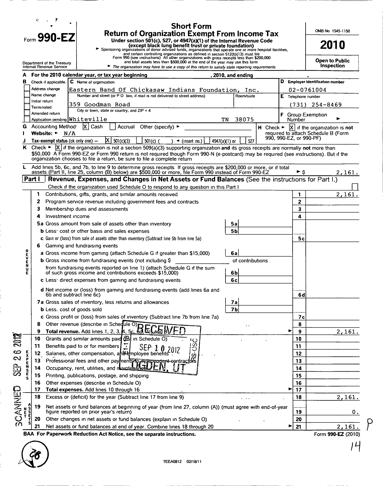 Image of first page of 2010 Form 990EZ for Eastern Band of Chickasaw Indians Foundation