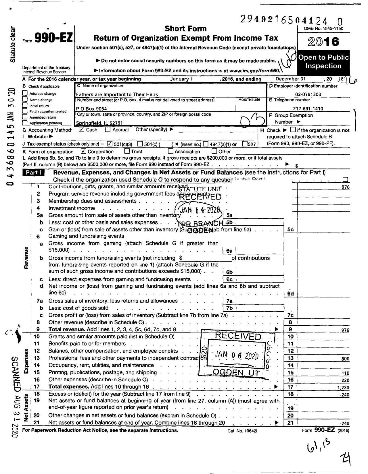 Image of first page of 2016 Form 990EZ for Fathers Are Important To Their Heirs (FAITH)