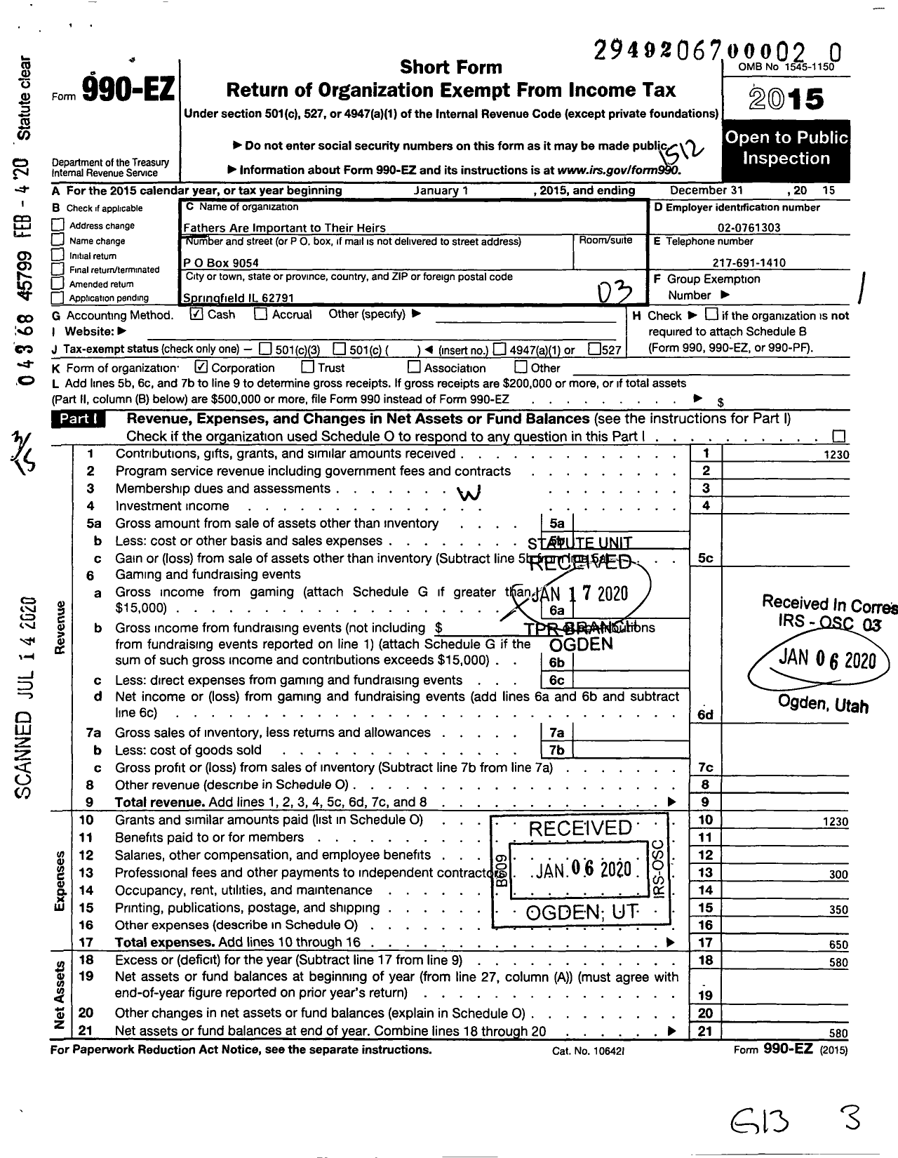 Image of first page of 2015 Form 990EZ for Fathers Are Important To Their Heirs (FAITH)