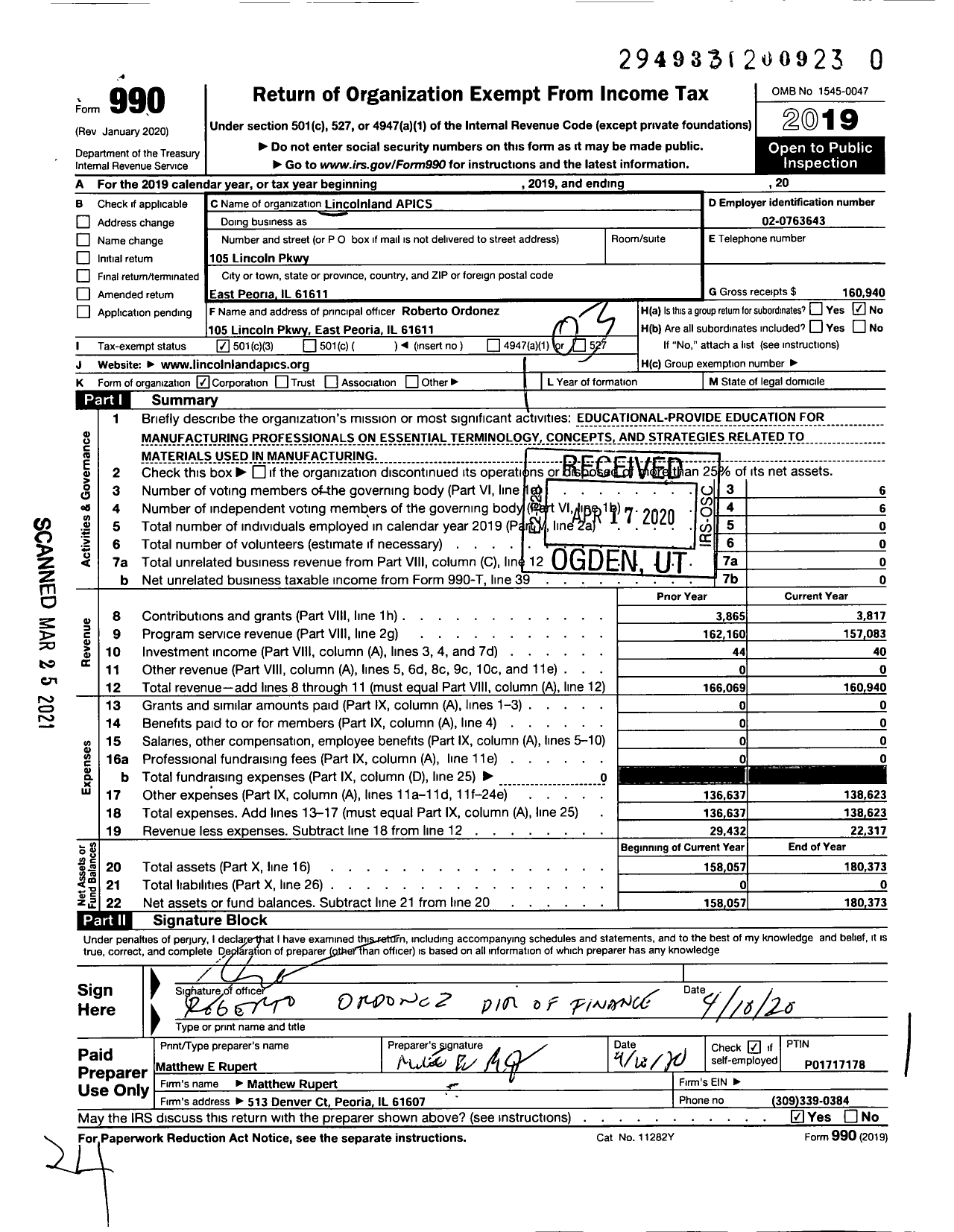 Image of first page of 2019 Form 990 for Lincolnland APICS Anfp