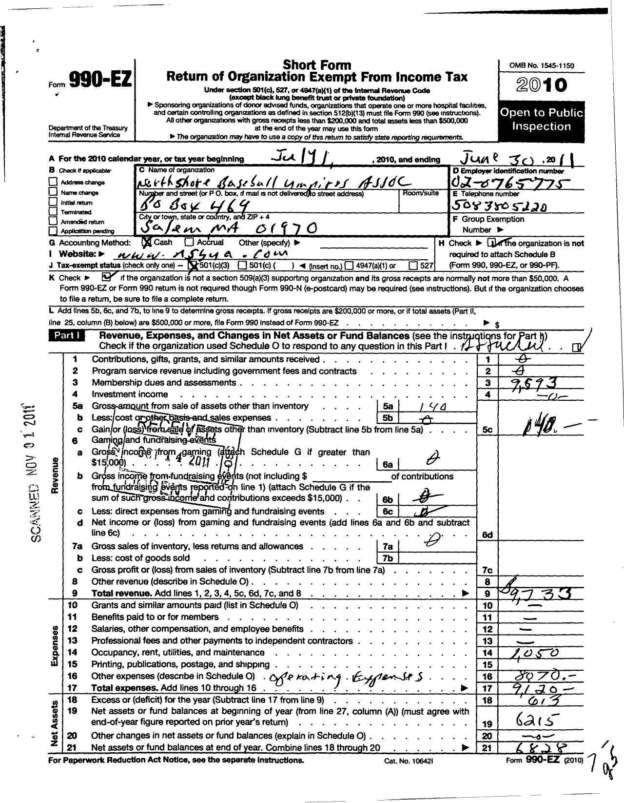 Image of first page of 2010 Form 990EZ for North Shore Baseball Umpires Association