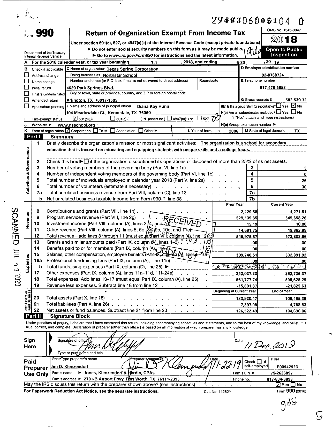 Image of first page of 2018 Form 990 for Northstar School / Texas Spring Corporation