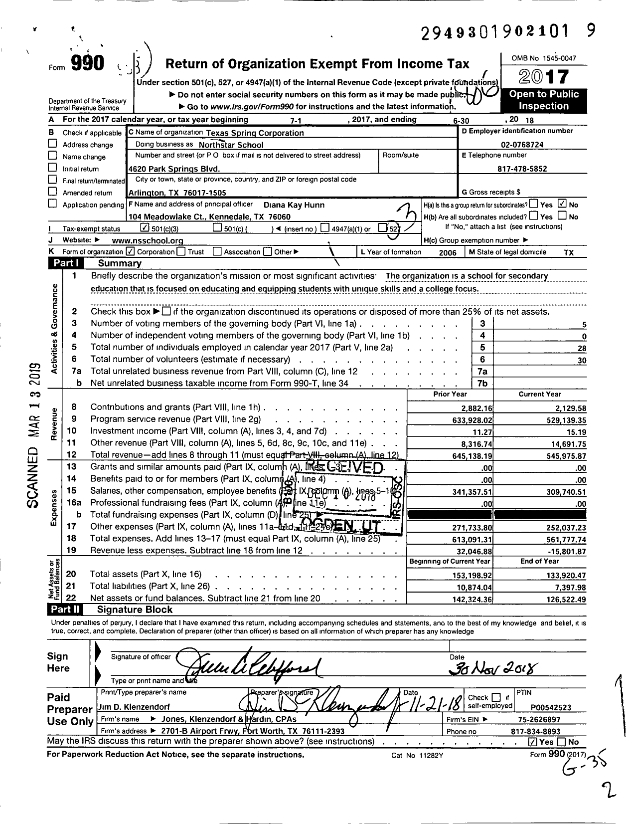 Image of first page of 2017 Form 990 for Northstar School / Texas Spring Corporation