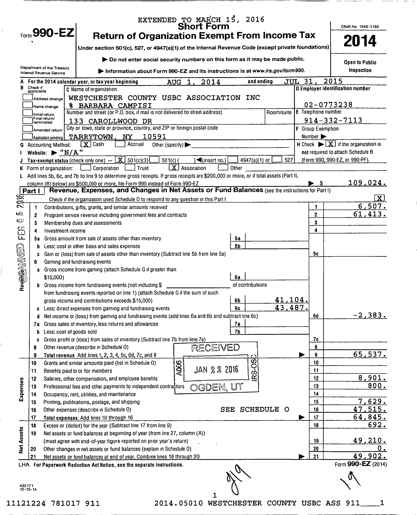 Image of first page of 2014 Form 990EZ for United States Bowling Congress - 80911 Westchester County Usbc