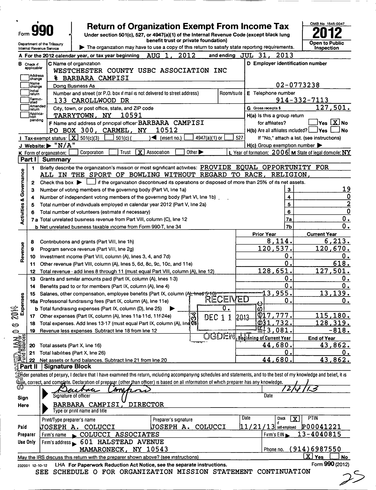 Image of first page of 2012 Form 990 for United States Bowling Congress - 80911 Westchester County Usbc