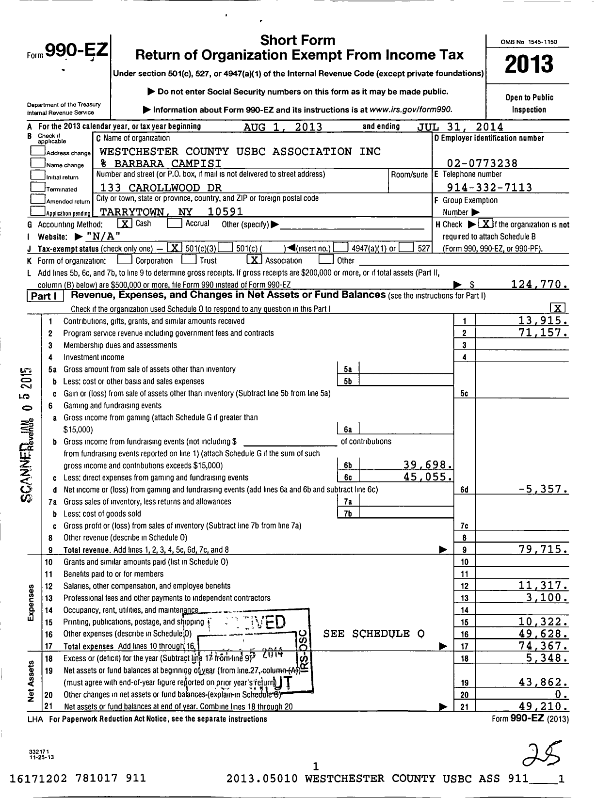 Image of first page of 2013 Form 990EZ for United States Bowling Congress - 80911 Westchester County Usbc