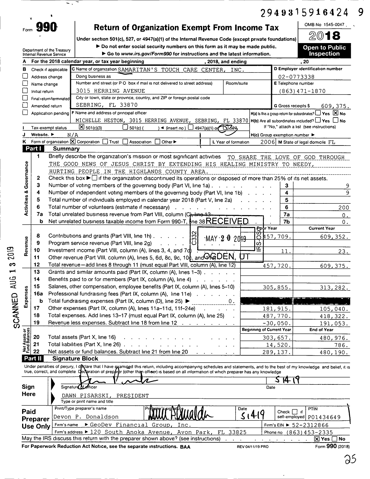 Image of first page of 2018 Form 990 for Samaritans Touch Care Center