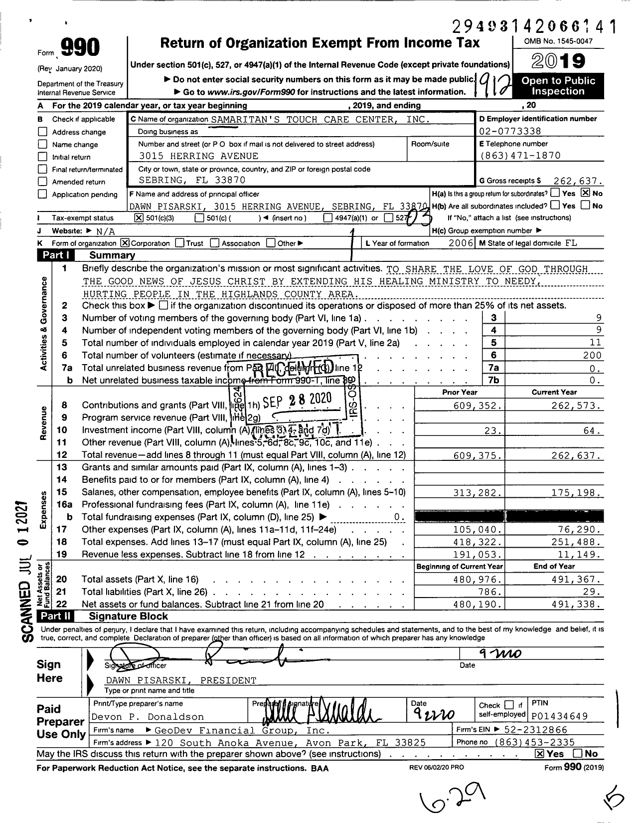 Image of first page of 2019 Form 990 for Samaritans Touch Care Center