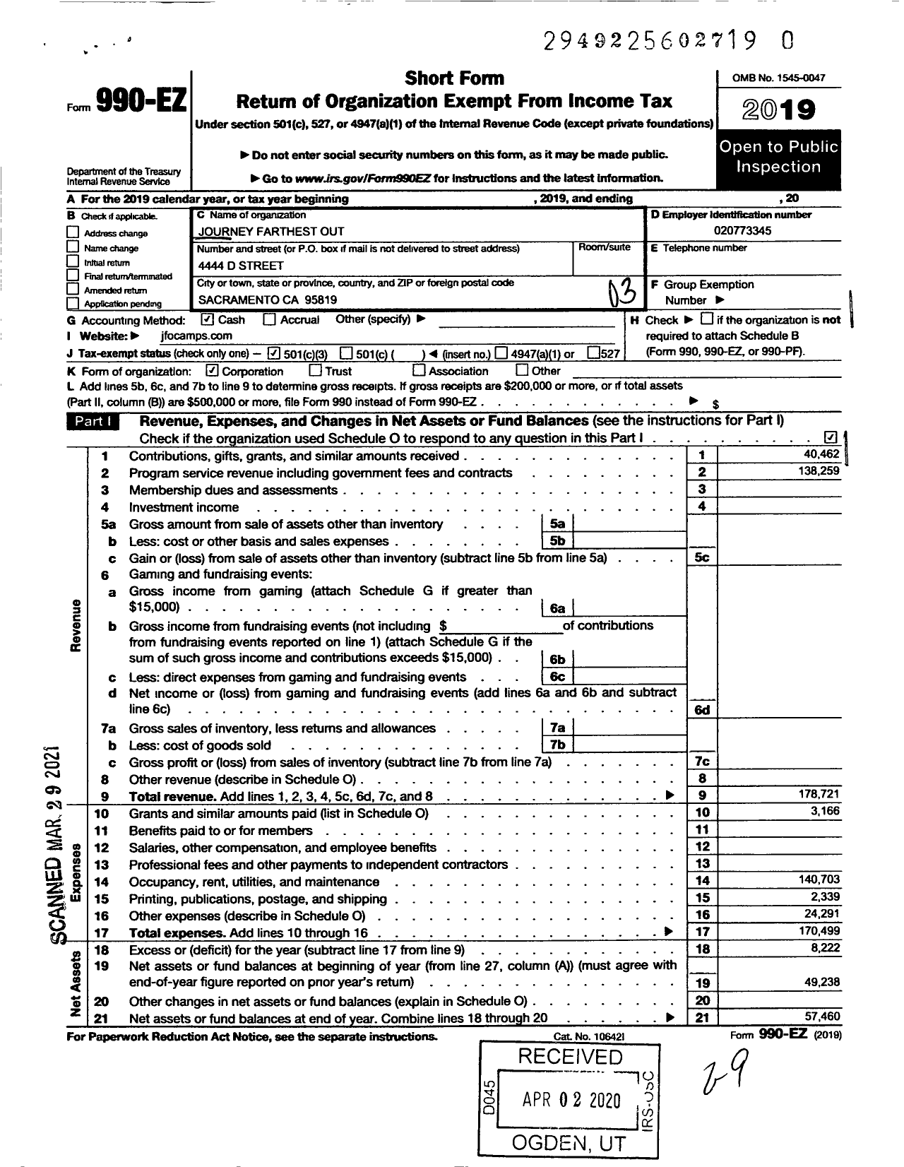 Image of first page of 2019 Form 990EZ for Journey Farthest Out