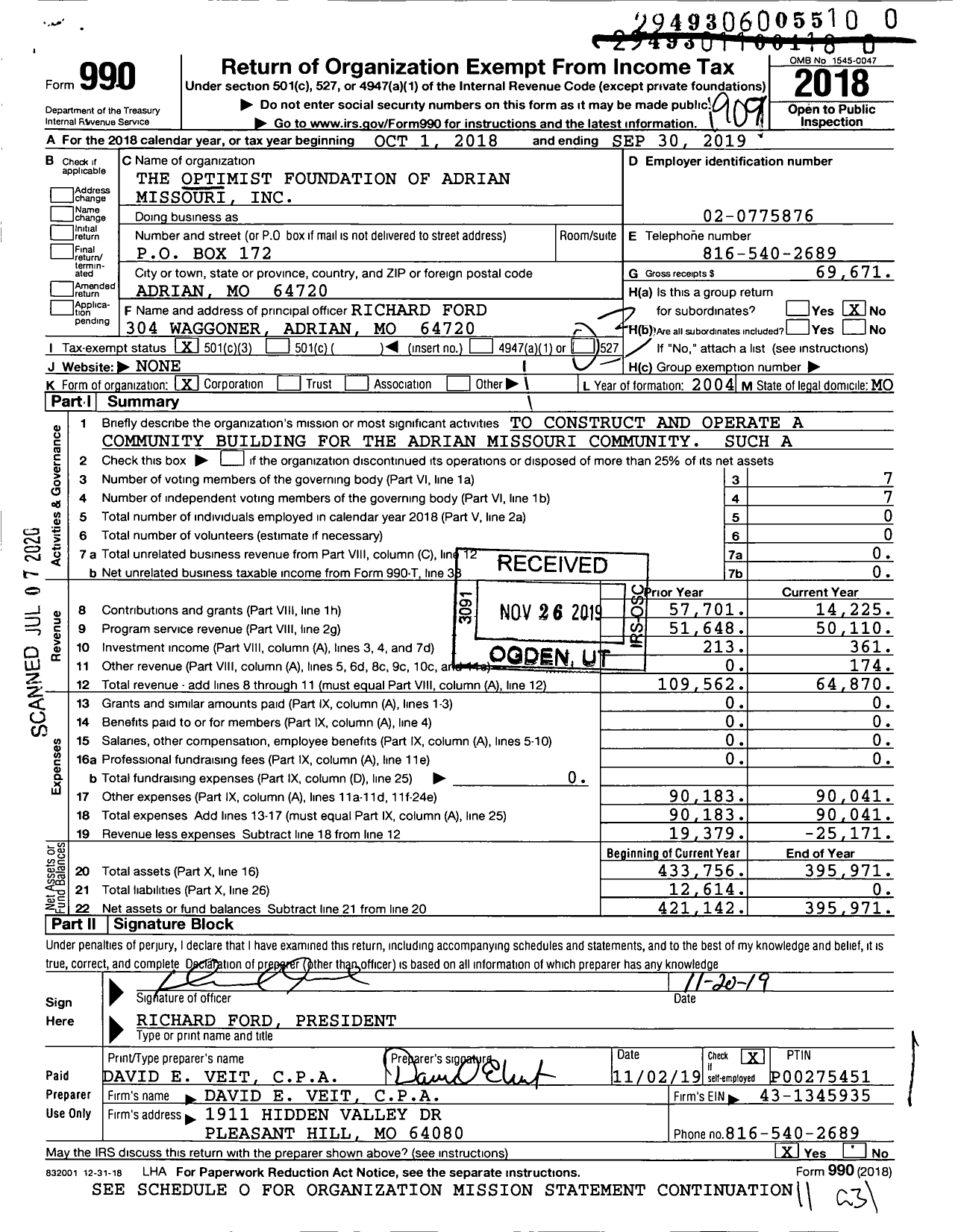 Image of first page of 2018 Form 990 for The Optimist Foundation of Adrian Missouri