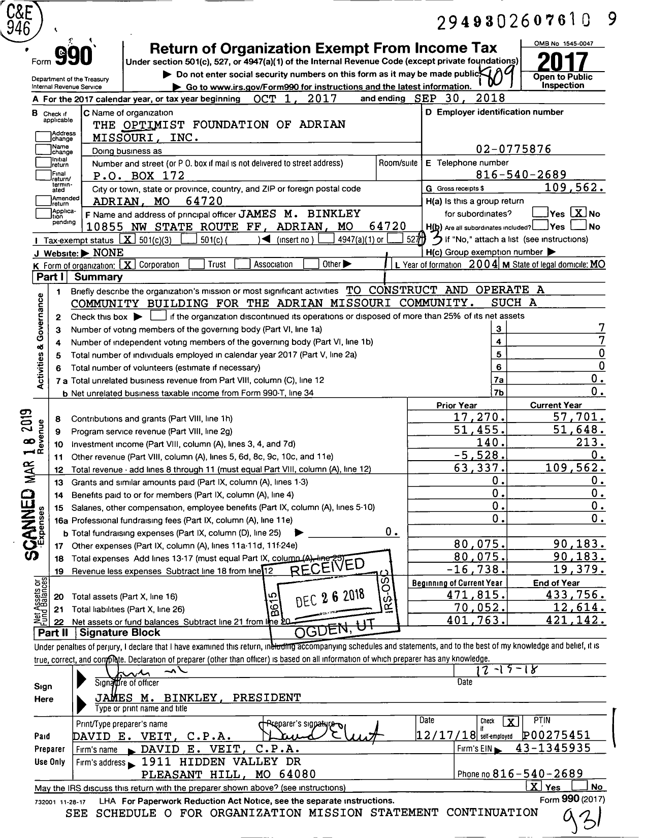 Image of first page of 2017 Form 990 for The Optimist Foundation of Adrian Missouri