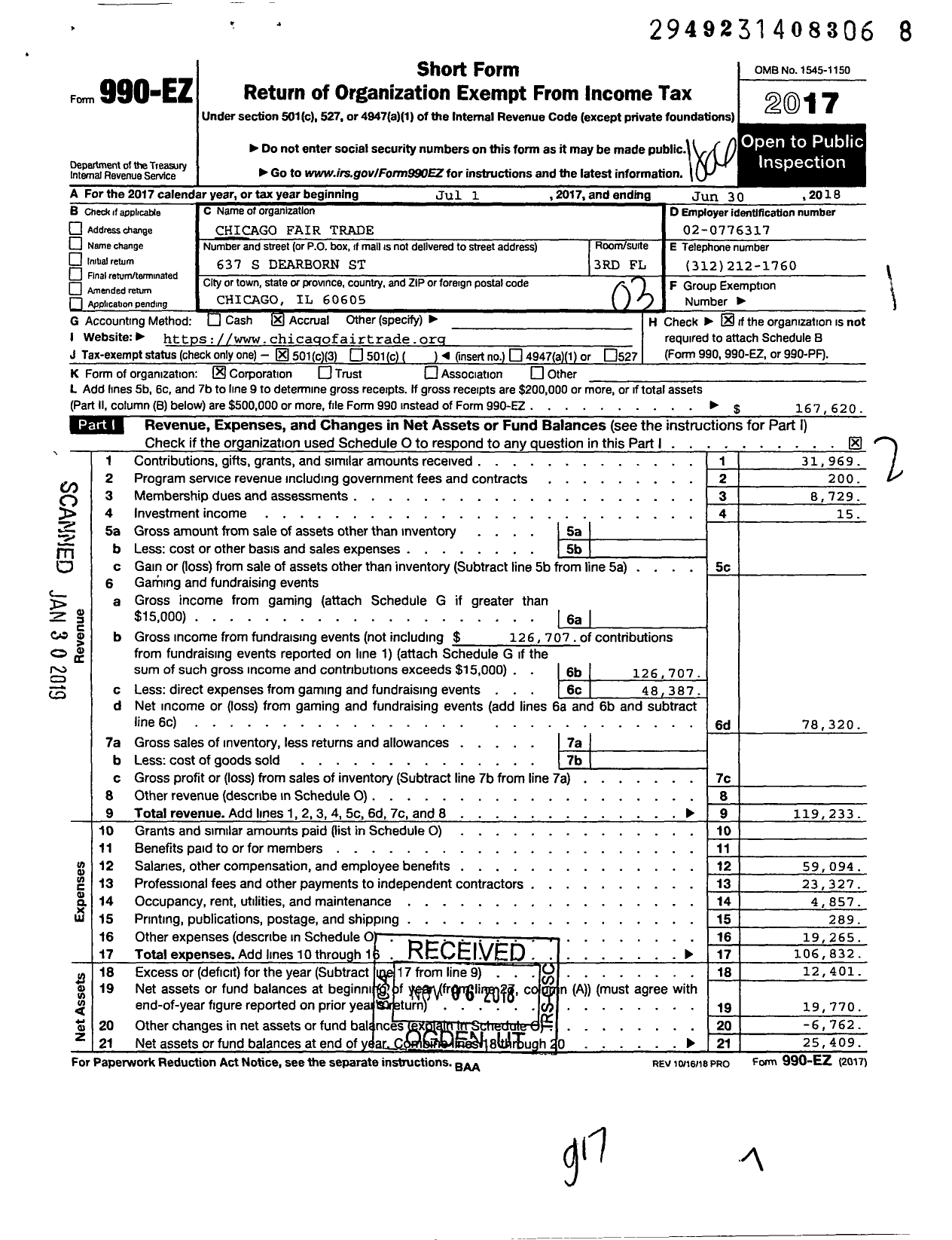 Image of first page of 2017 Form 990EZ for Chicago Fair Trade