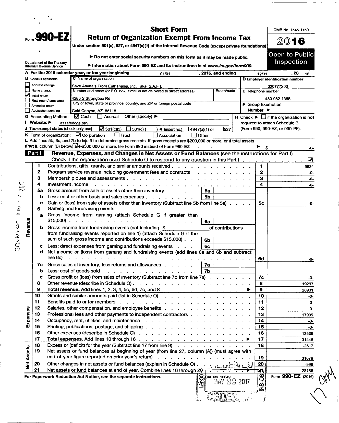 Image of first page of 2016 Form 990EZ for Save Animals From Euthanasia