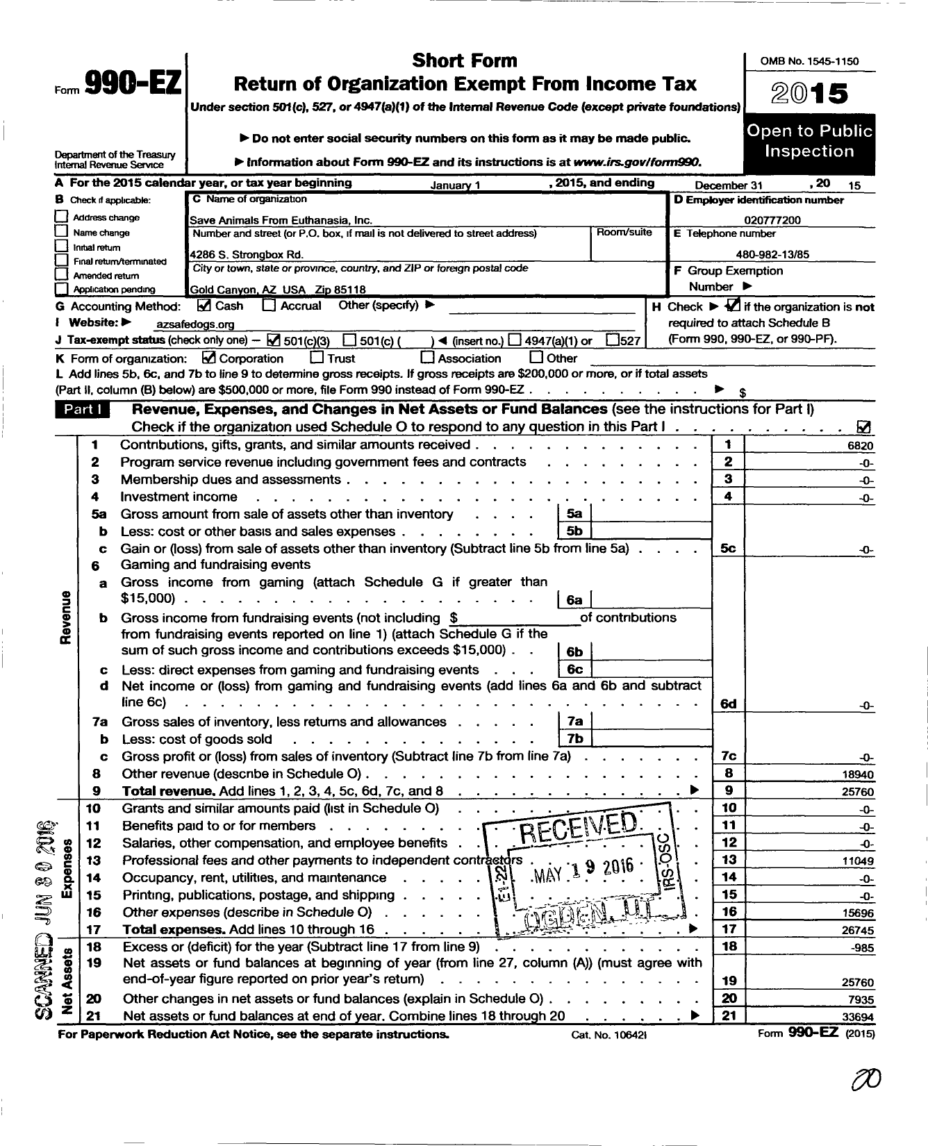 Image of first page of 2015 Form 990EZ for Save Animals From Euthanasia