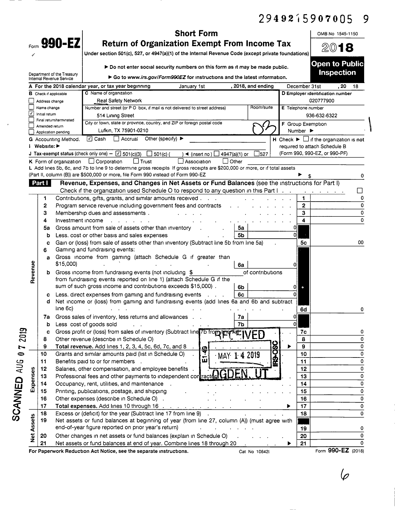 Image of first page of 2018 Form 990EZ for Real Safety Network of Long Chapel