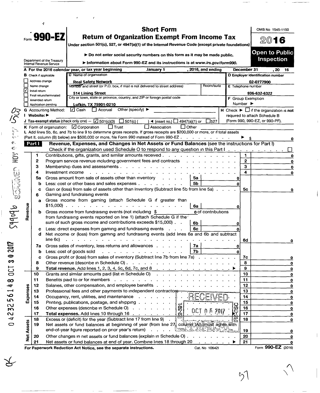 Image of first page of 2016 Form 990EZ for Real Safety Network of Long Chapel