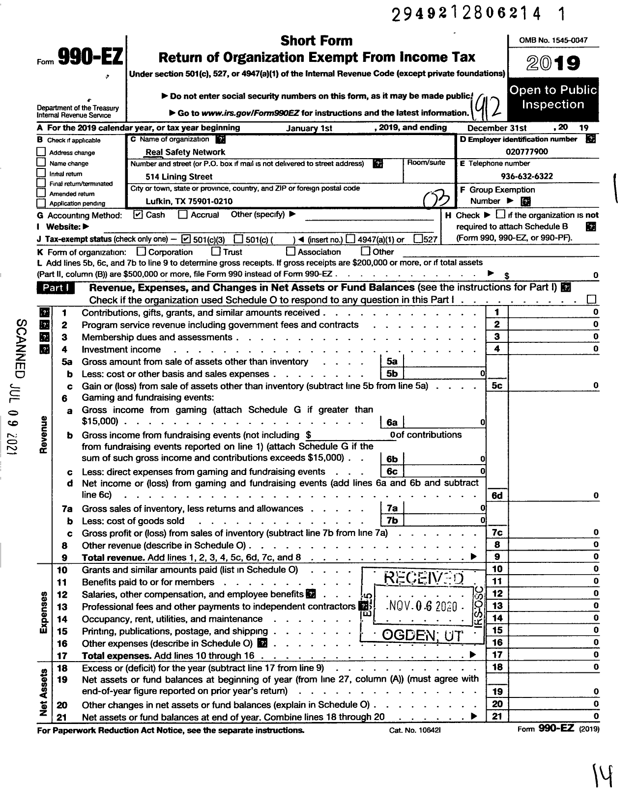 Image of first page of 2019 Form 990EZ for Real Safety Network of Long Chapel