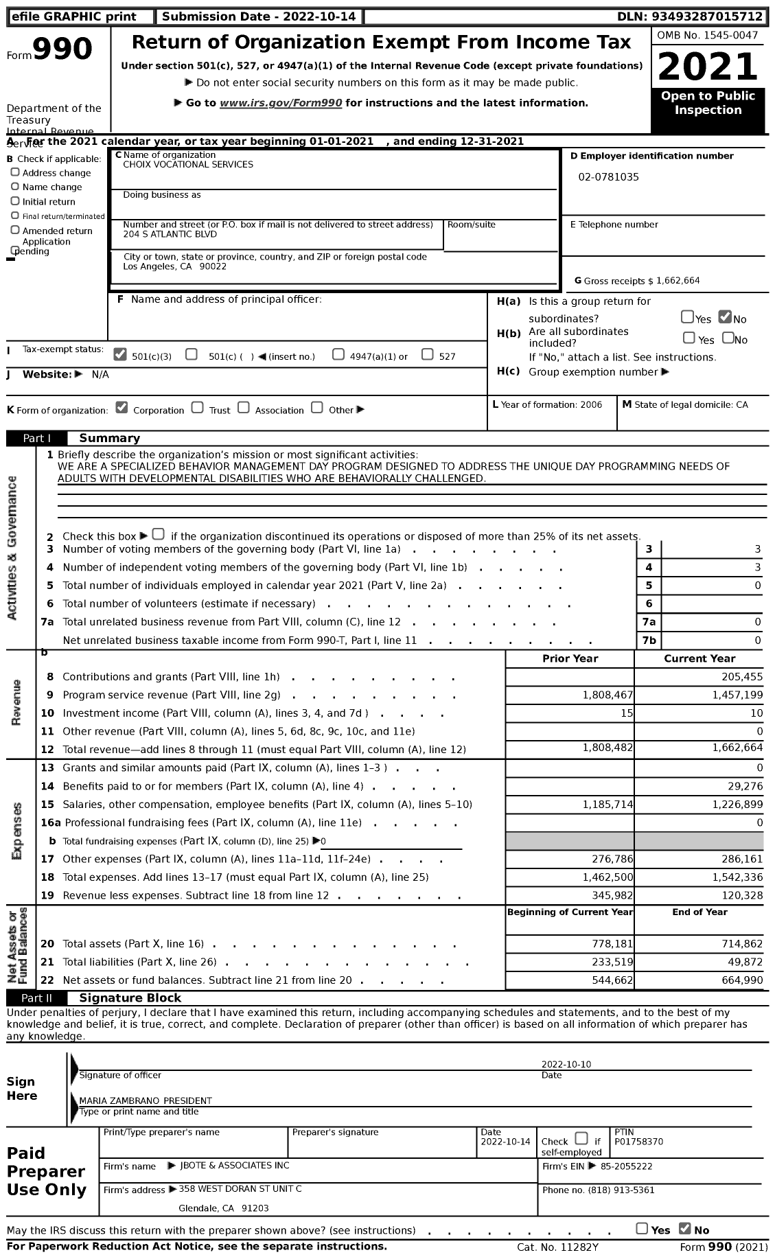 Image of first page of 2021 Form 990 for Choix Vocational Services