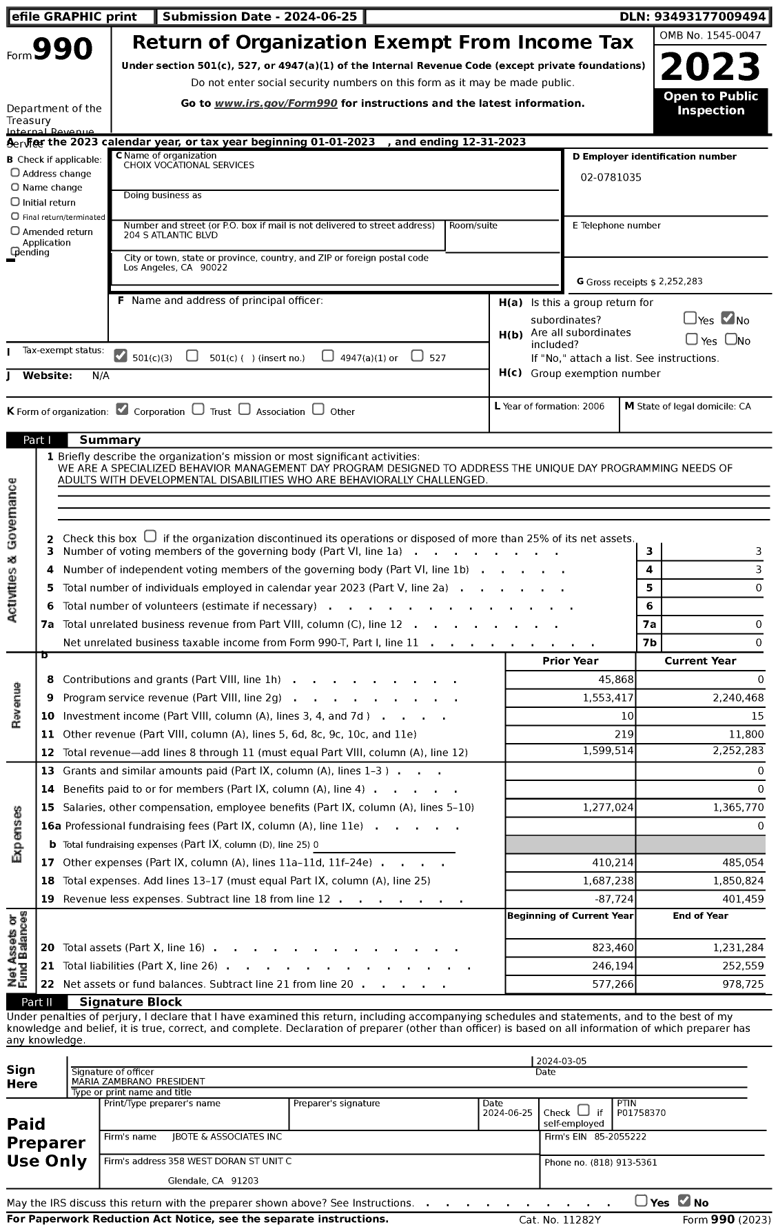 Image of first page of 2023 Form 990 for Choix Vocational Services