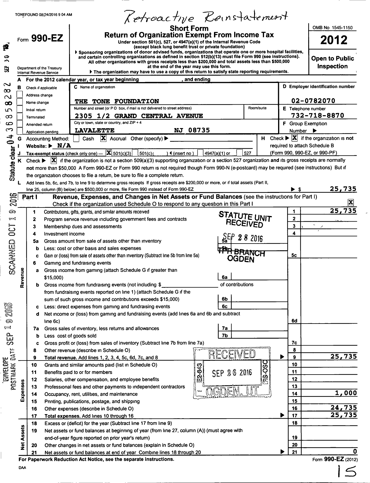 Image of first page of 2012 Form 990EZ for The Tone Foundation