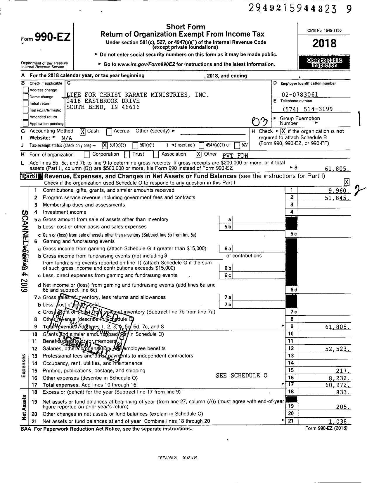 Image of first page of 2018 Form 990EZ for Life for Christ Karate Ministries