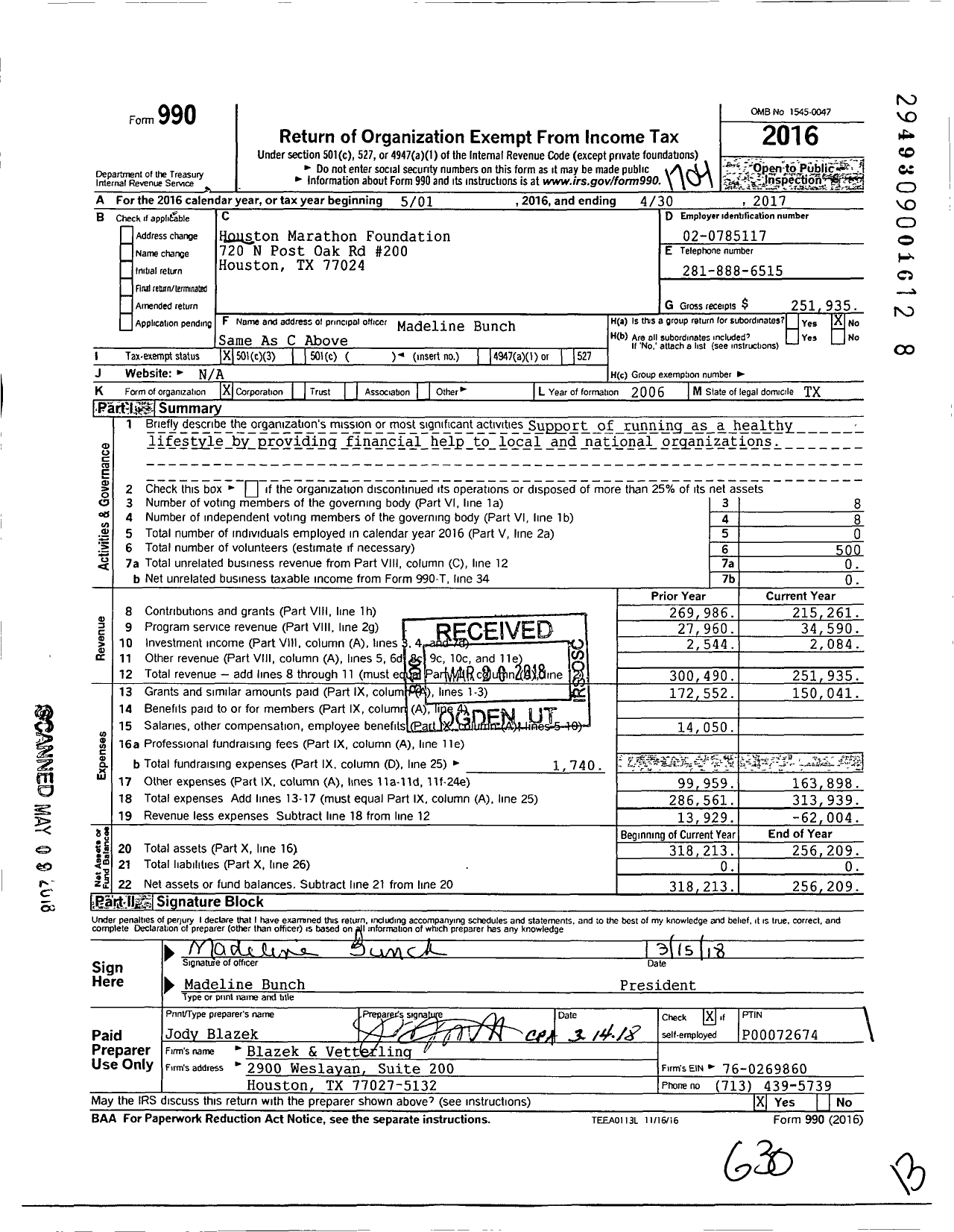 Image of first page of 2016 Form 990 for Houston Marathon Foundation