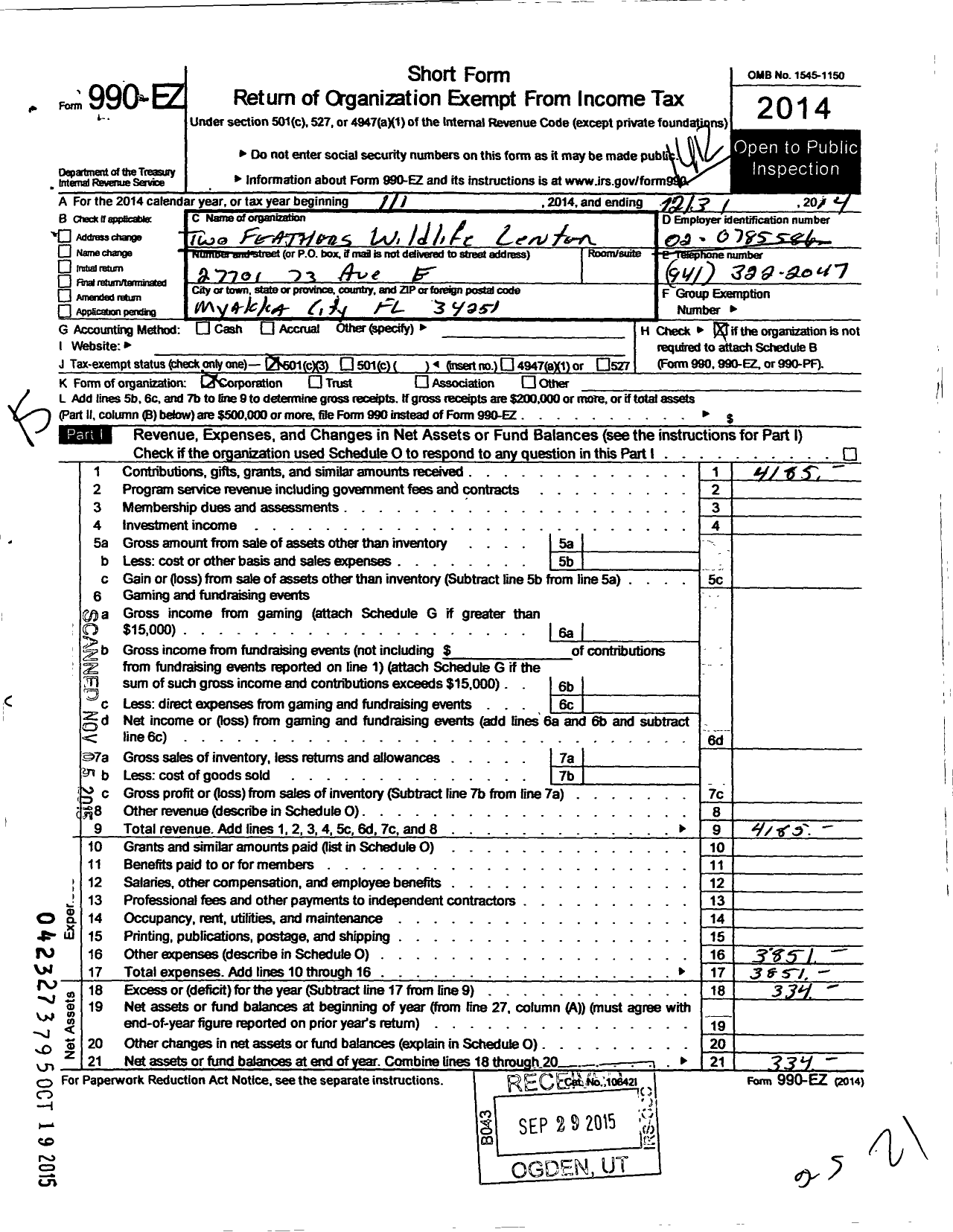 Image of first page of 2014 Form 990EZ for Two Feathers Wildlife Center