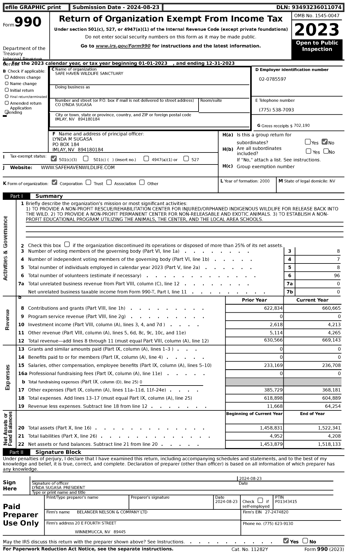 Image of first page of 2023 Form 990 for Safe Haven Wildlife Sanctuary